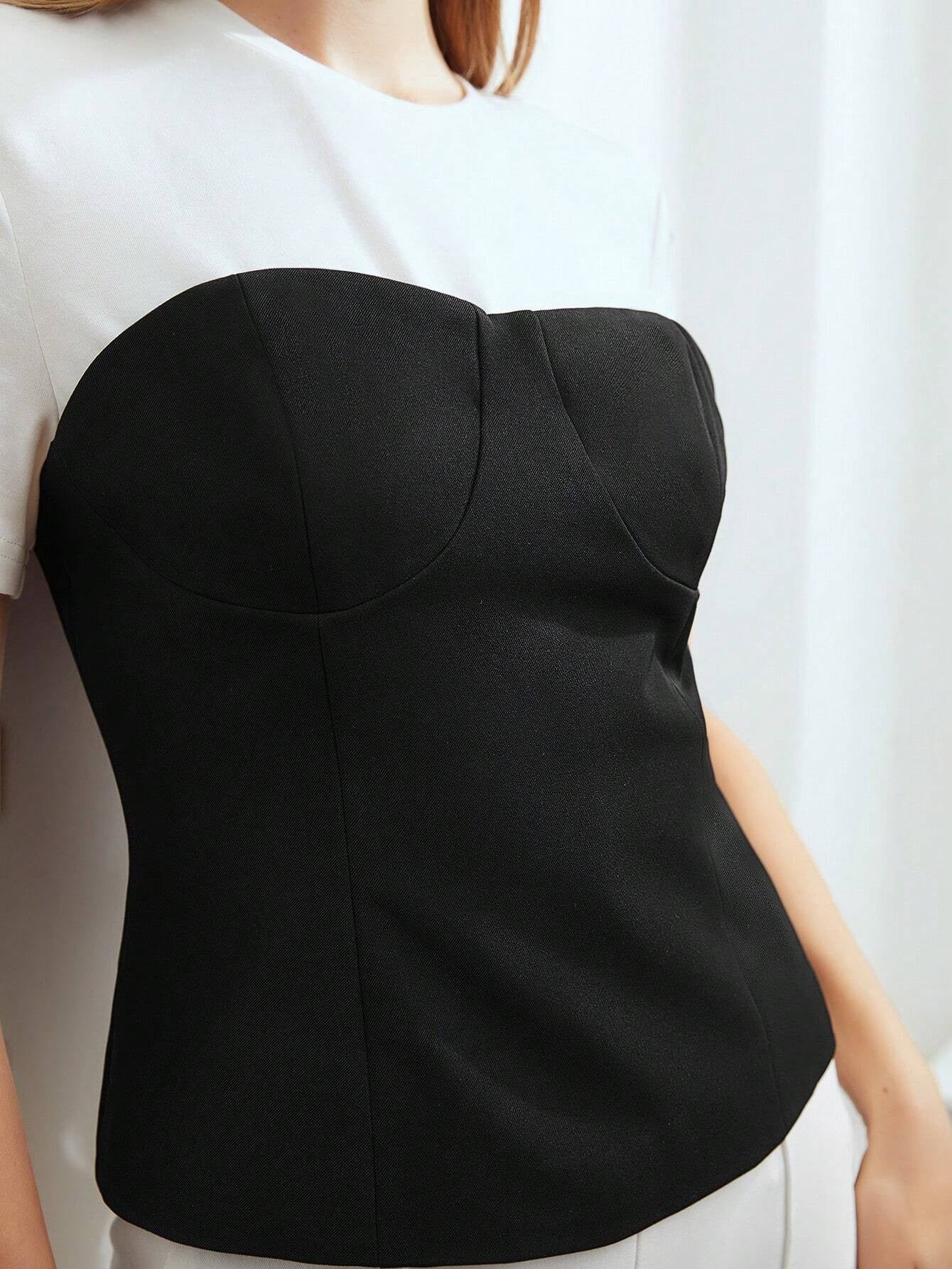 CM-TS320264 Women Casual Seoul Style Round Neck Short Sleeve Two Tone Spliced T-Shirt