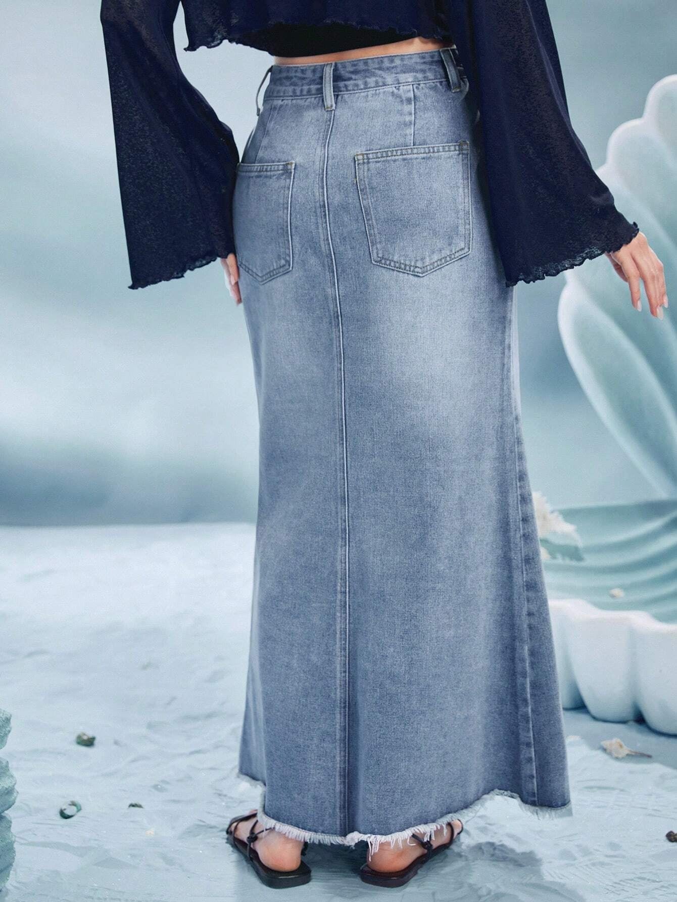 CM-BS422566 Women Casual Seoul Style Light Wash Star Print Raw Hem Denim Skirt
