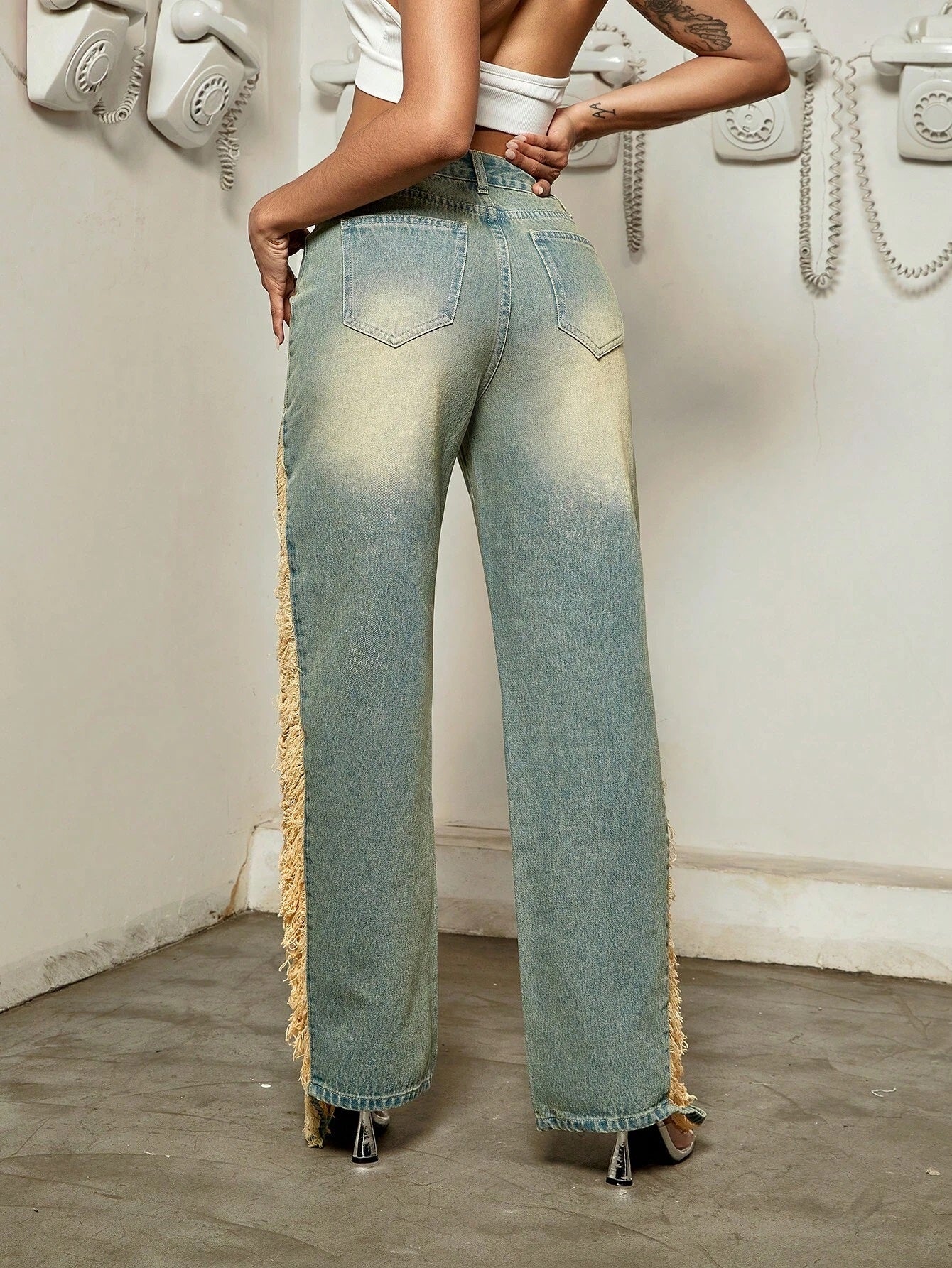 CM-BS143121 Women Preppy Seoul Style Light Wash High Waist Ripped Jeans