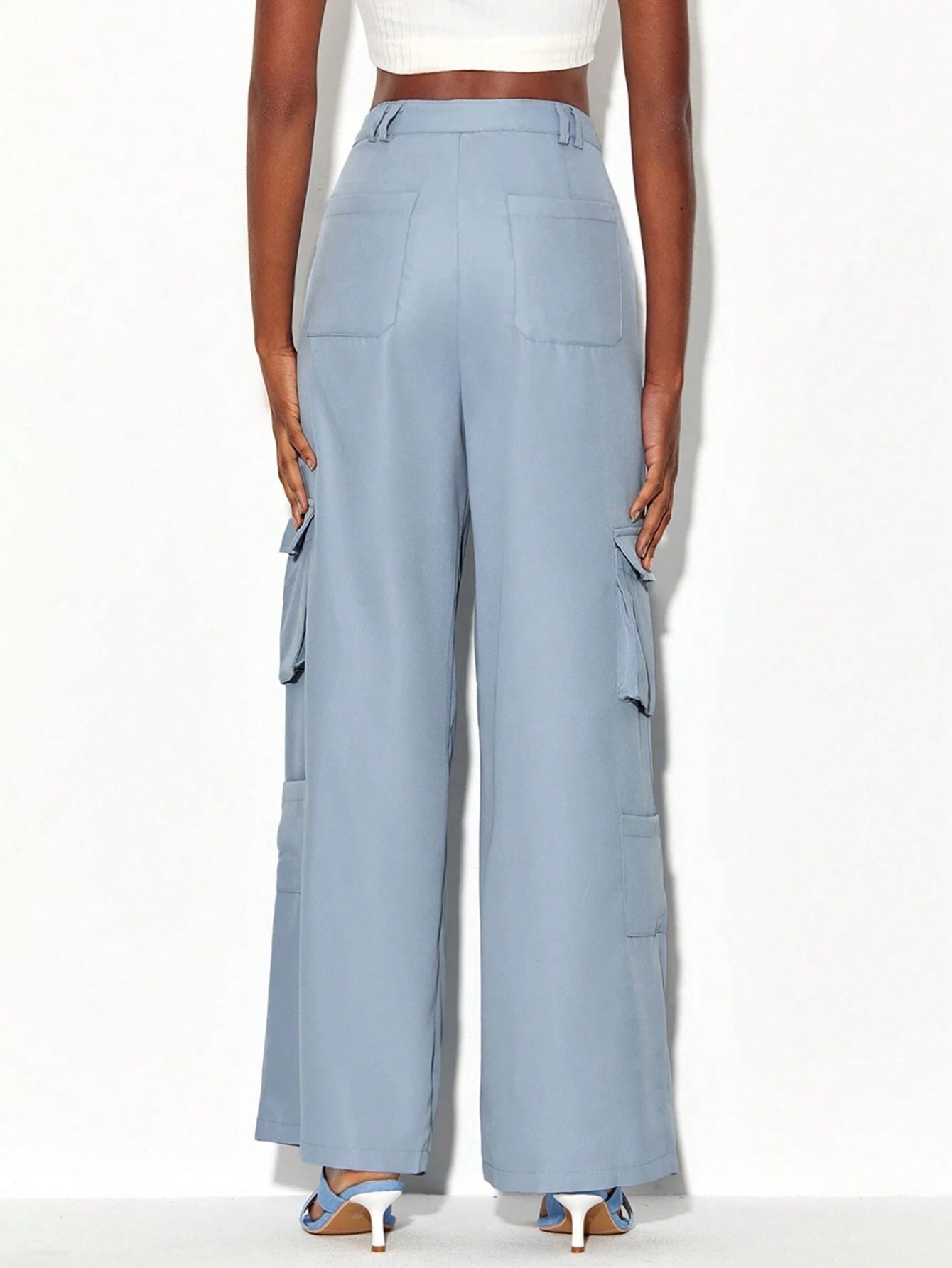 CM-BS475371 Women Elegant Seoul Style Flap Pocket Side Cargo Pants - Baby Blue