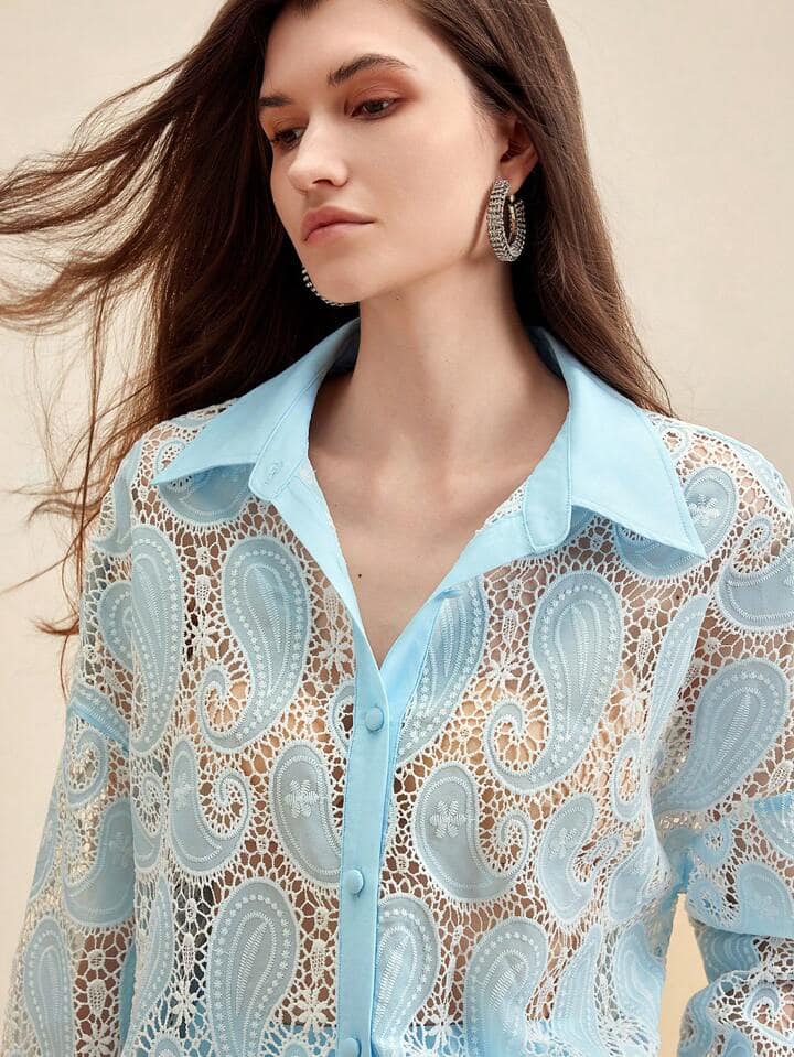 CM-TS864141 Women Elegant Seoul Style Oversized Hollow Out Paisley Embroidery Shirt - Baby Blue