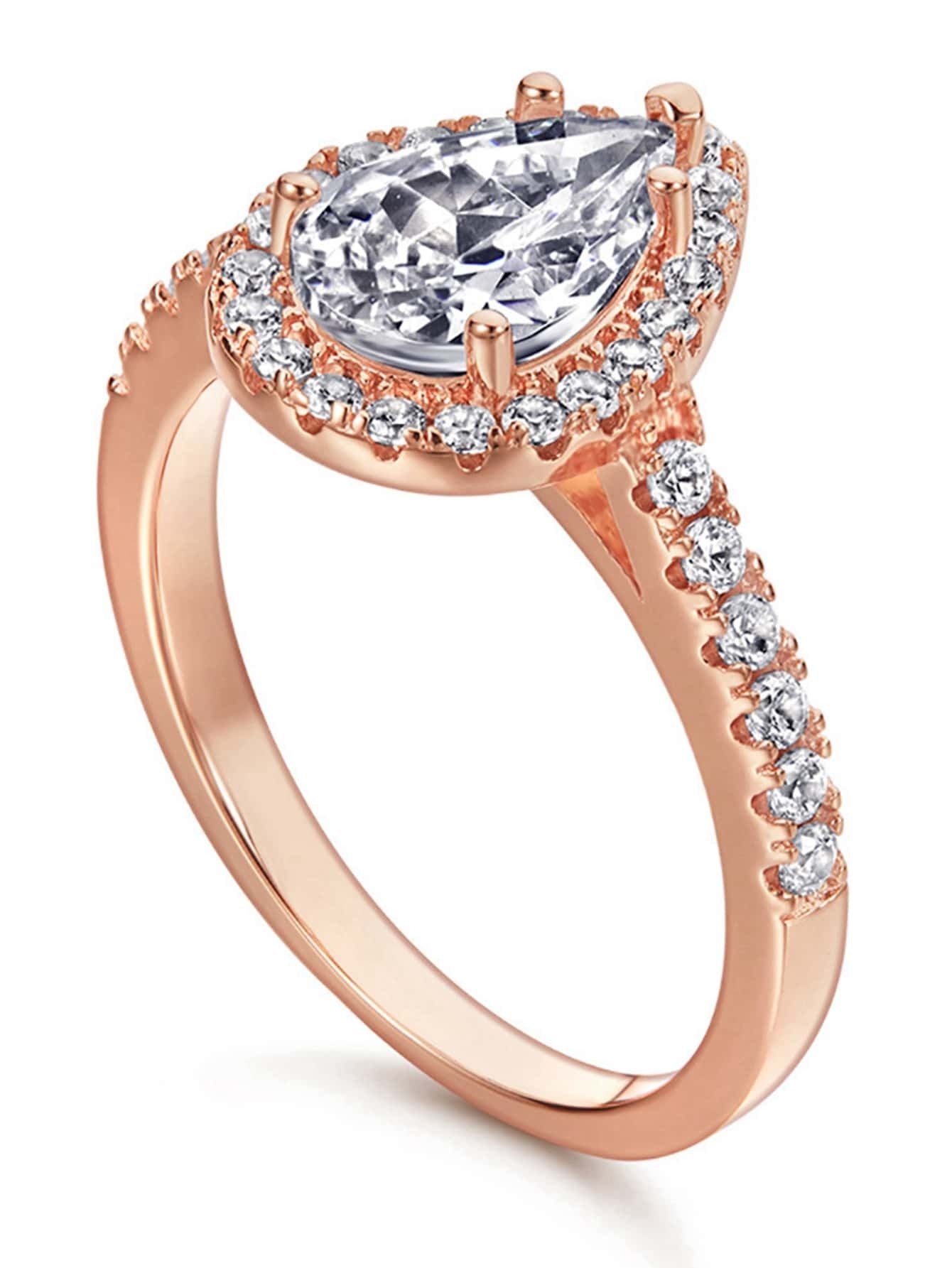 CM-AR892492 Classic 925 Sterling Silver Pear Cut Cubic Zirconia Cocktail Ring - Rose Gold