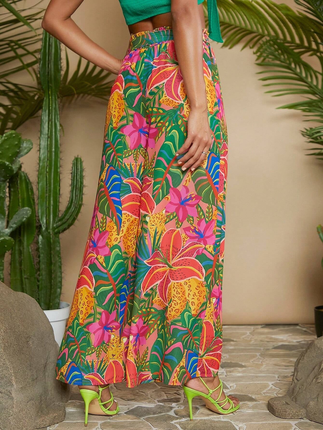 CM-BS632636 Women Trendy Bohemian Style Tropical Print Belted Wide Leg Pants