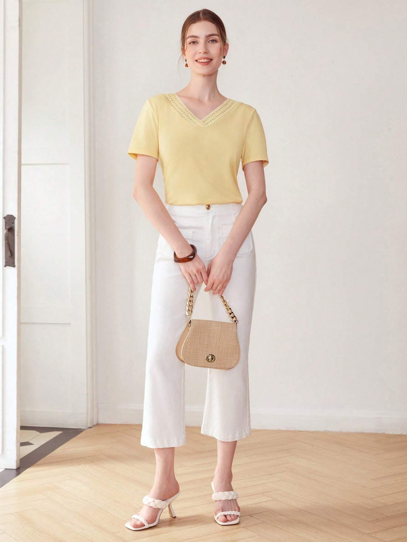 CM-TS685628 Women Casual Seoul Style Lace V-Neck Short Sleeve T-Shirt - Yellow