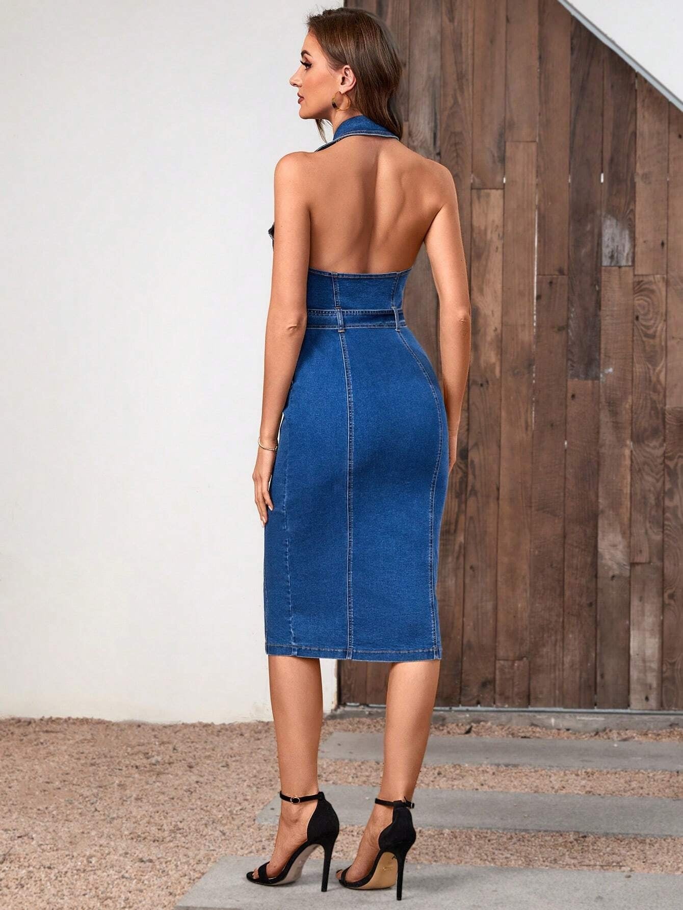 CM-DS713496 Women Casual Seoul Style Flap Pocket Button Front Belted Denim Dress