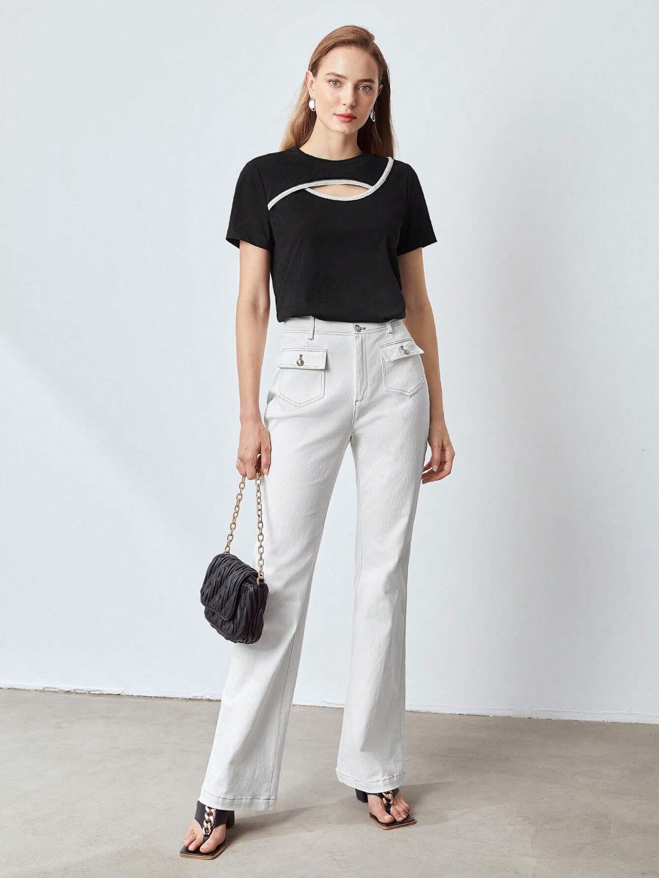 CM-TS118885 Women Casual Seoul Style Round Neck Pearl Cut-Out Top - Black