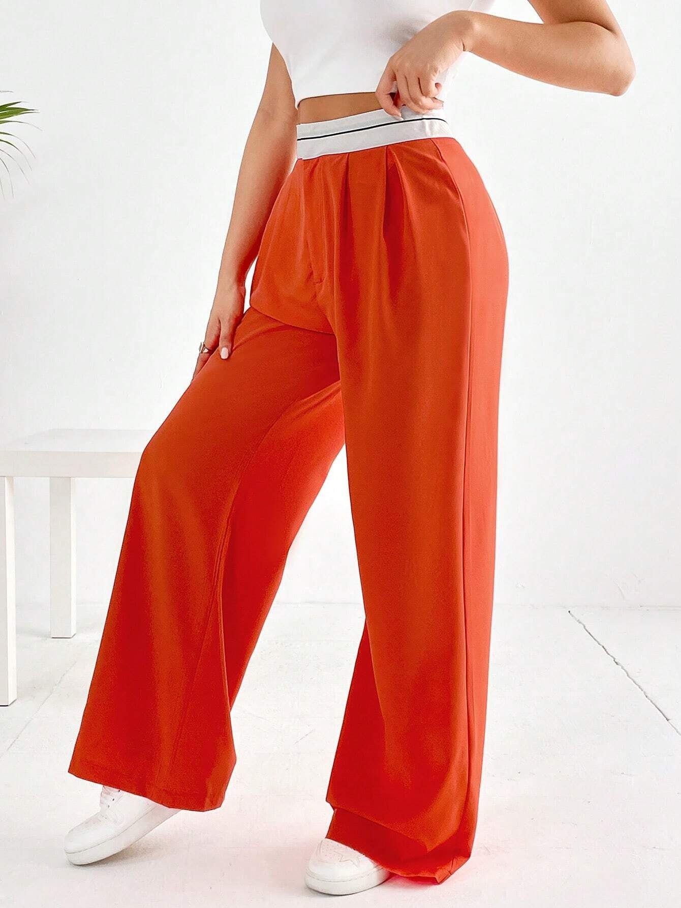 CM-BS128925 Women Casual Seoul Style Striped Waistband Wide Leg Pants - Burnt Orange