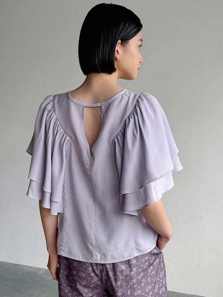 CM-TS227077 Women Casual Seoul Syle Tie Knot Neckline Ruffle Sleeve Button Down Shirt - Purple