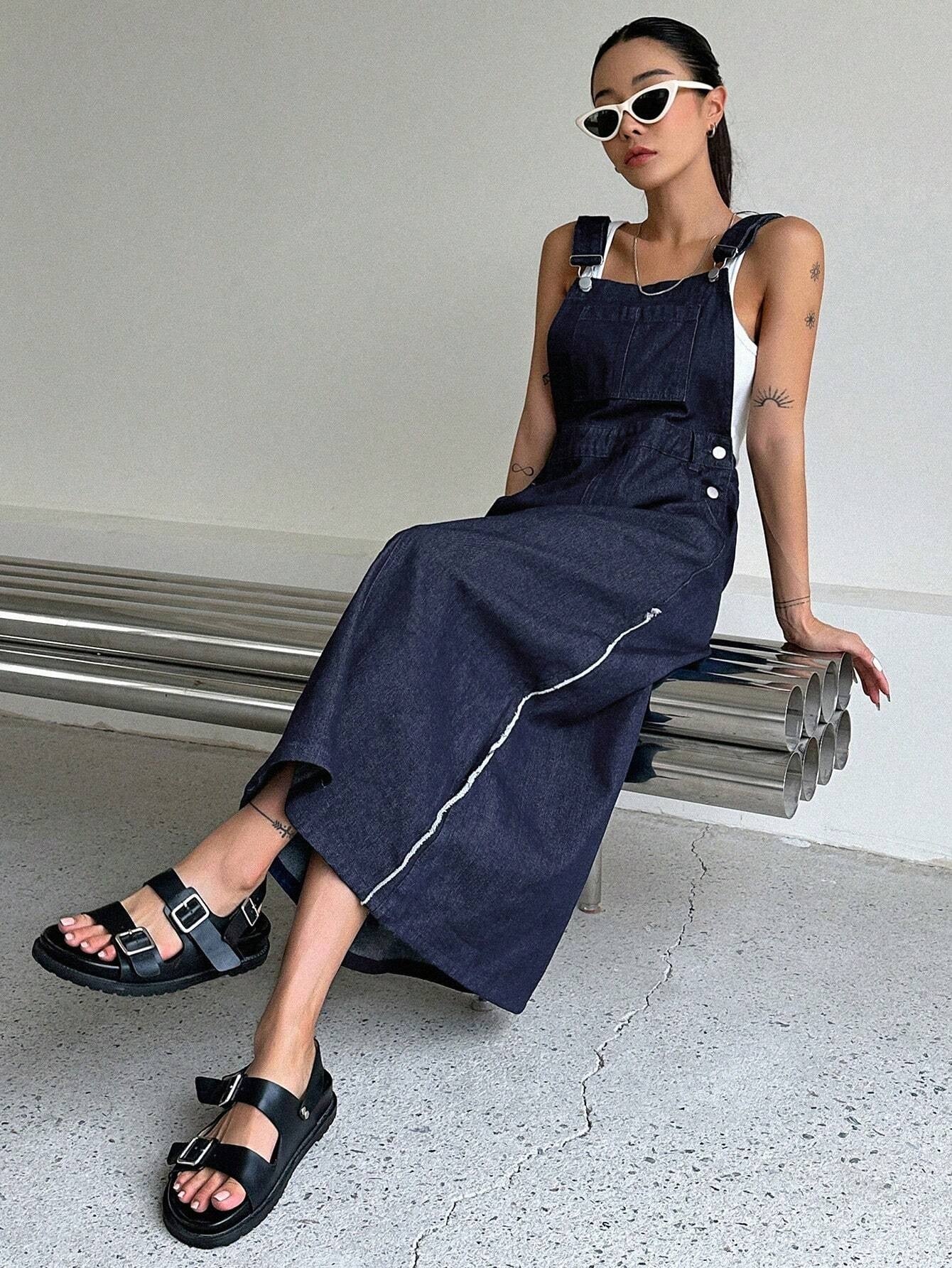 CM-DS985371 Women Preppy Seoul Style Slant Pocket Overall Denim Dress - Blue