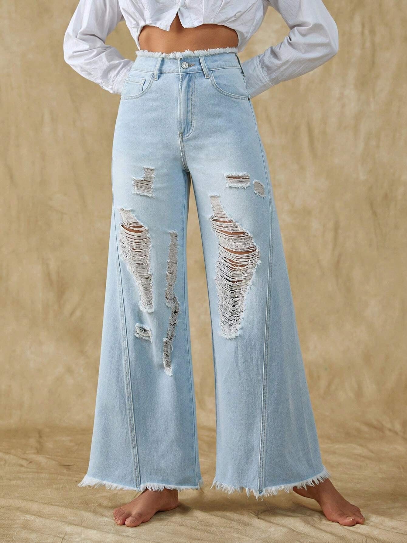 CM-BS716173 Women Casual Seoul Style Light Wash Ripped Raw Hem Wide Leg Jeans
