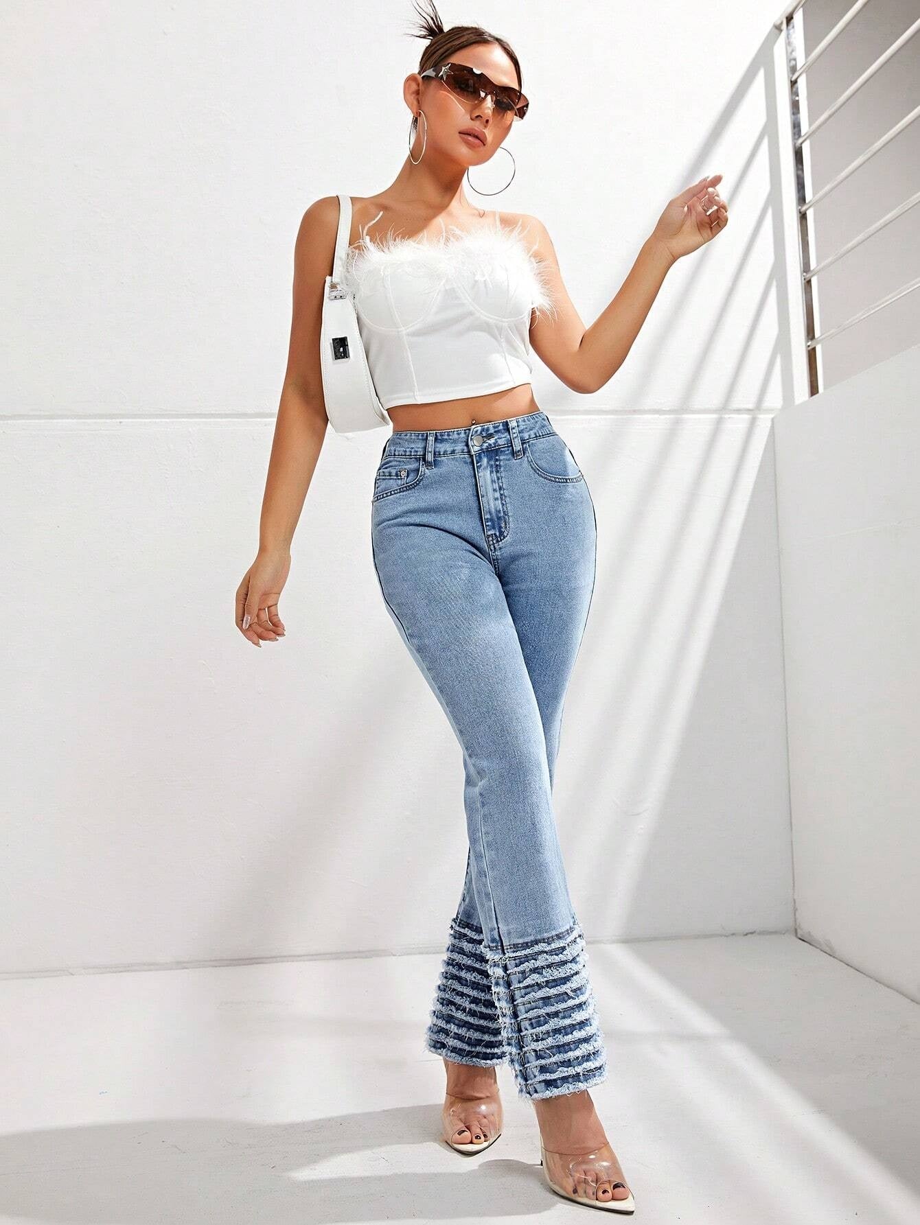 CM-BS076701 Women Preppy Seoul Style Light Wash Raw Hem Flare Leg Jeans