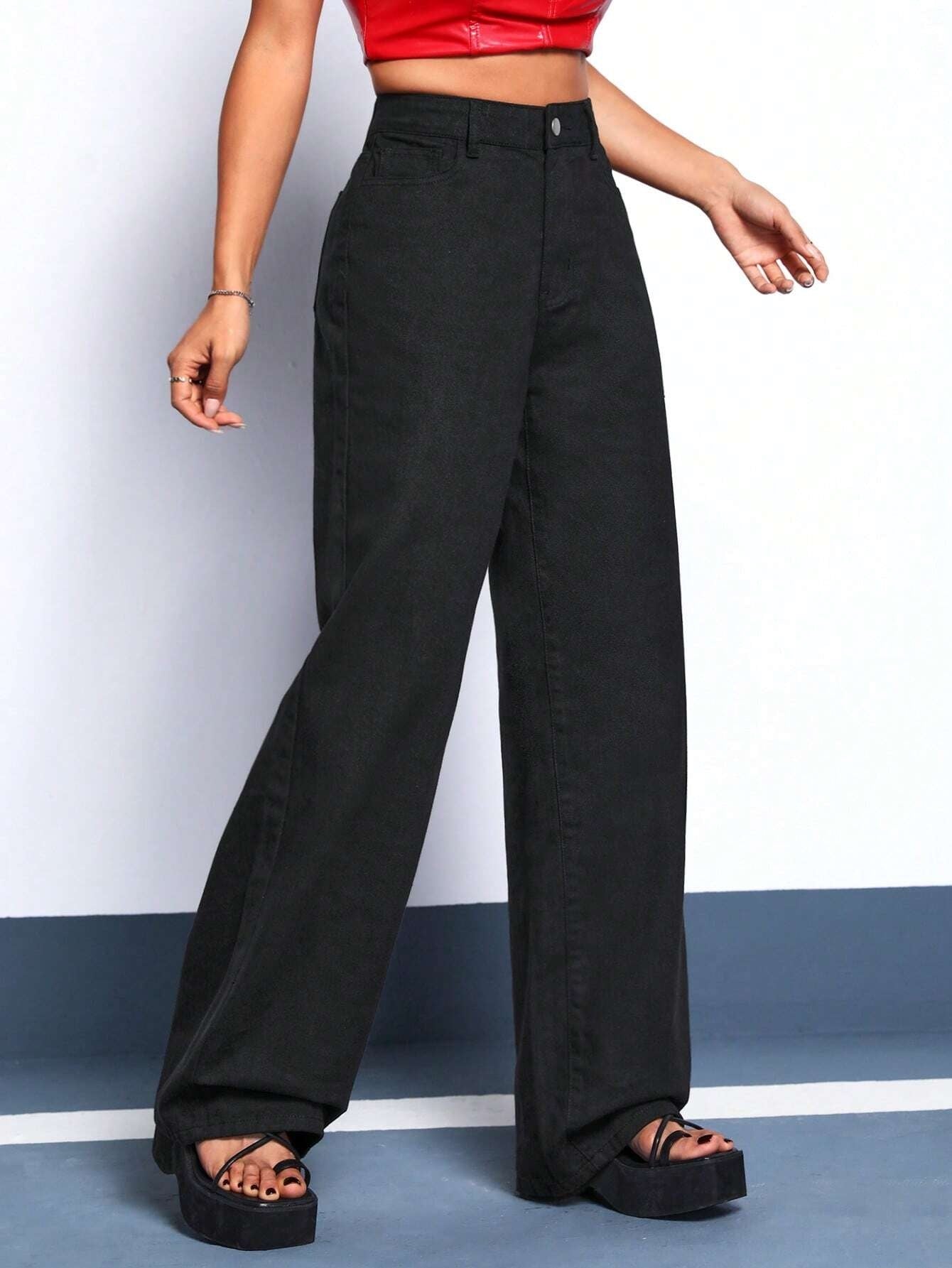 CM-BS066776 Women Casual Seoul Style Solid Wide Leg Jeans - Black