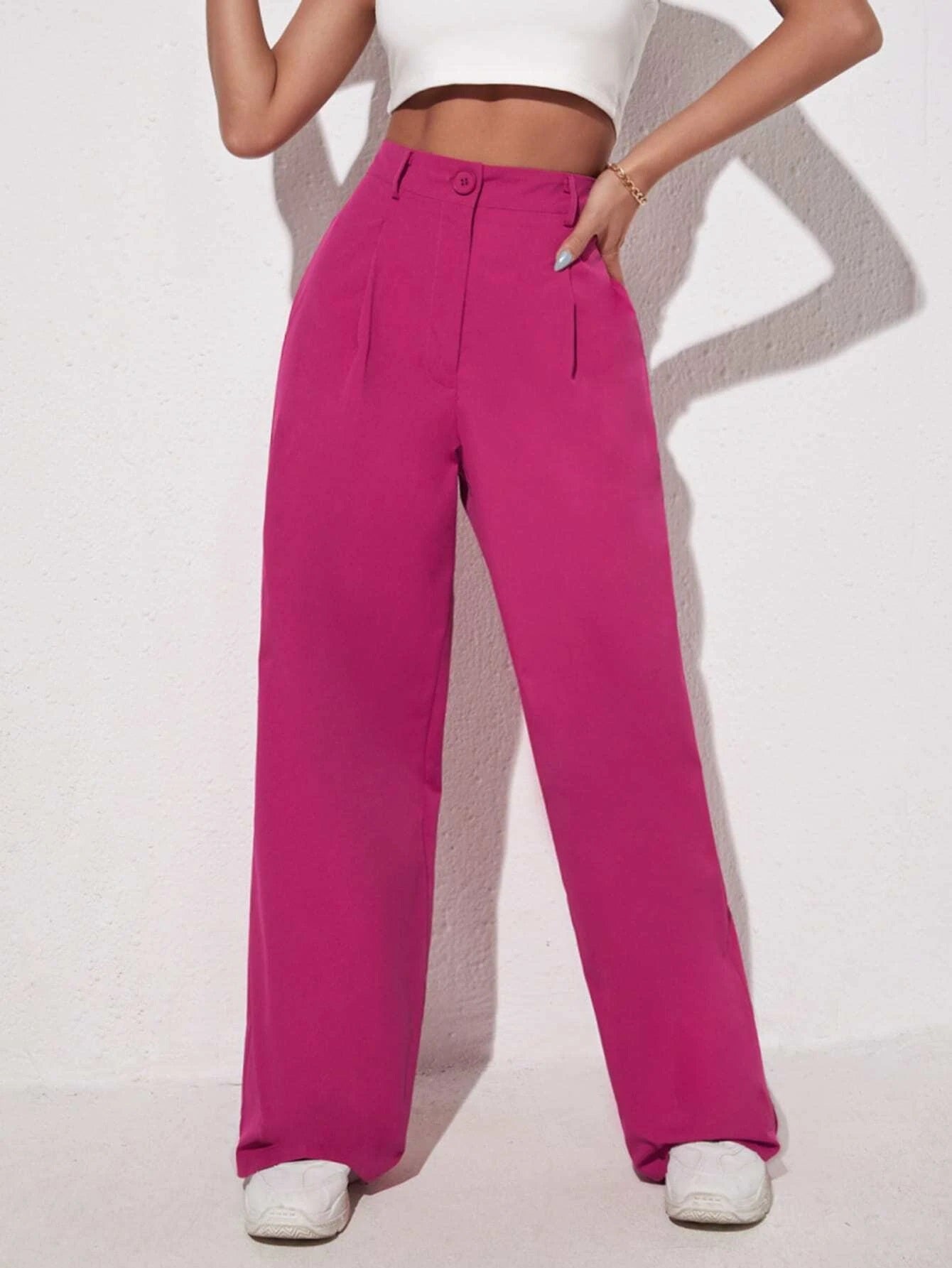 CM-BS308235 Women Elegant Seoul Style Solid Slant Pocket Wide Leg Pants - Hot Pink