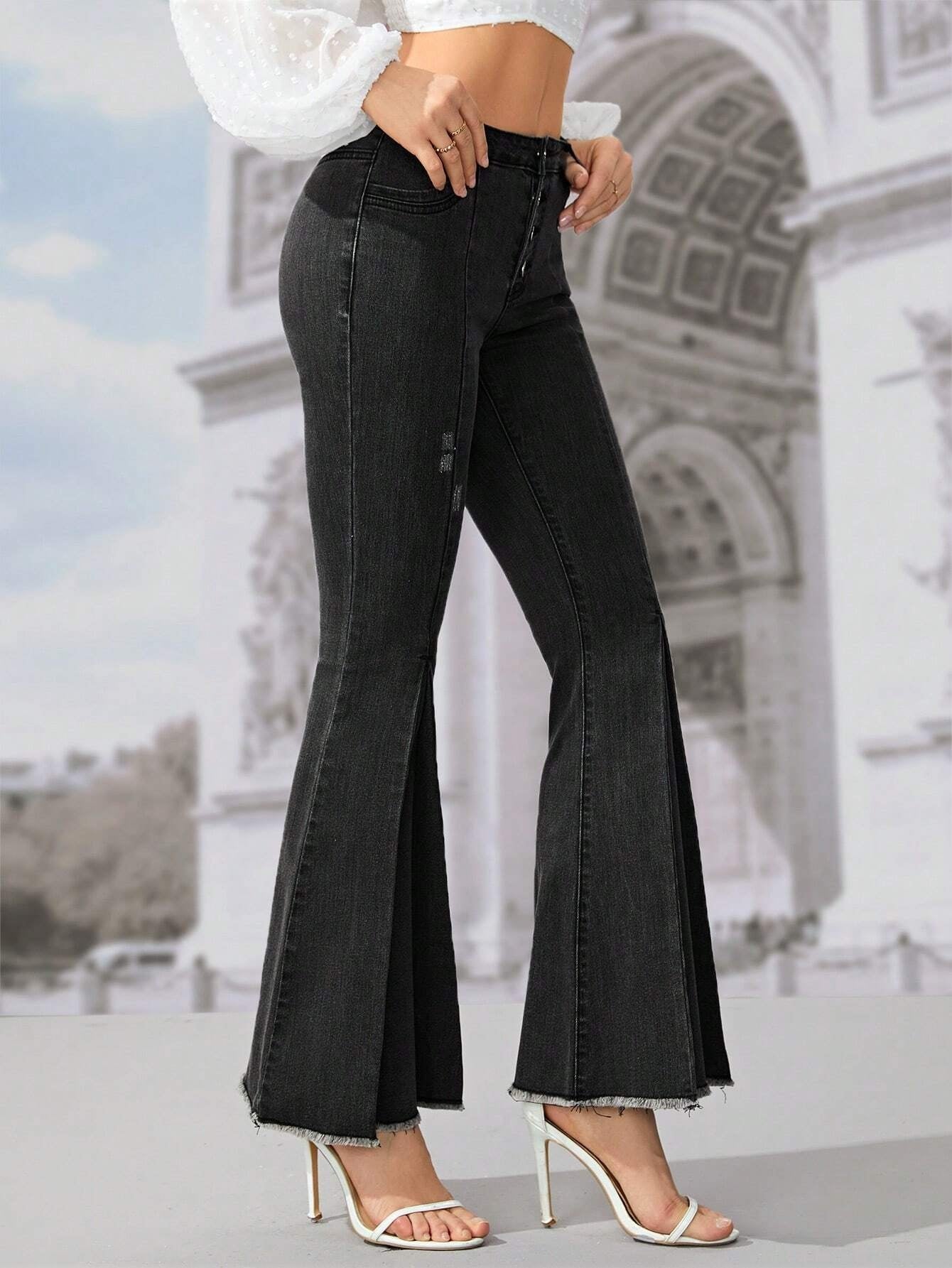 CM-BS451125 Women Casual Seoul Style Button Fly Ripped Raw Hem Flare Leg Jeans