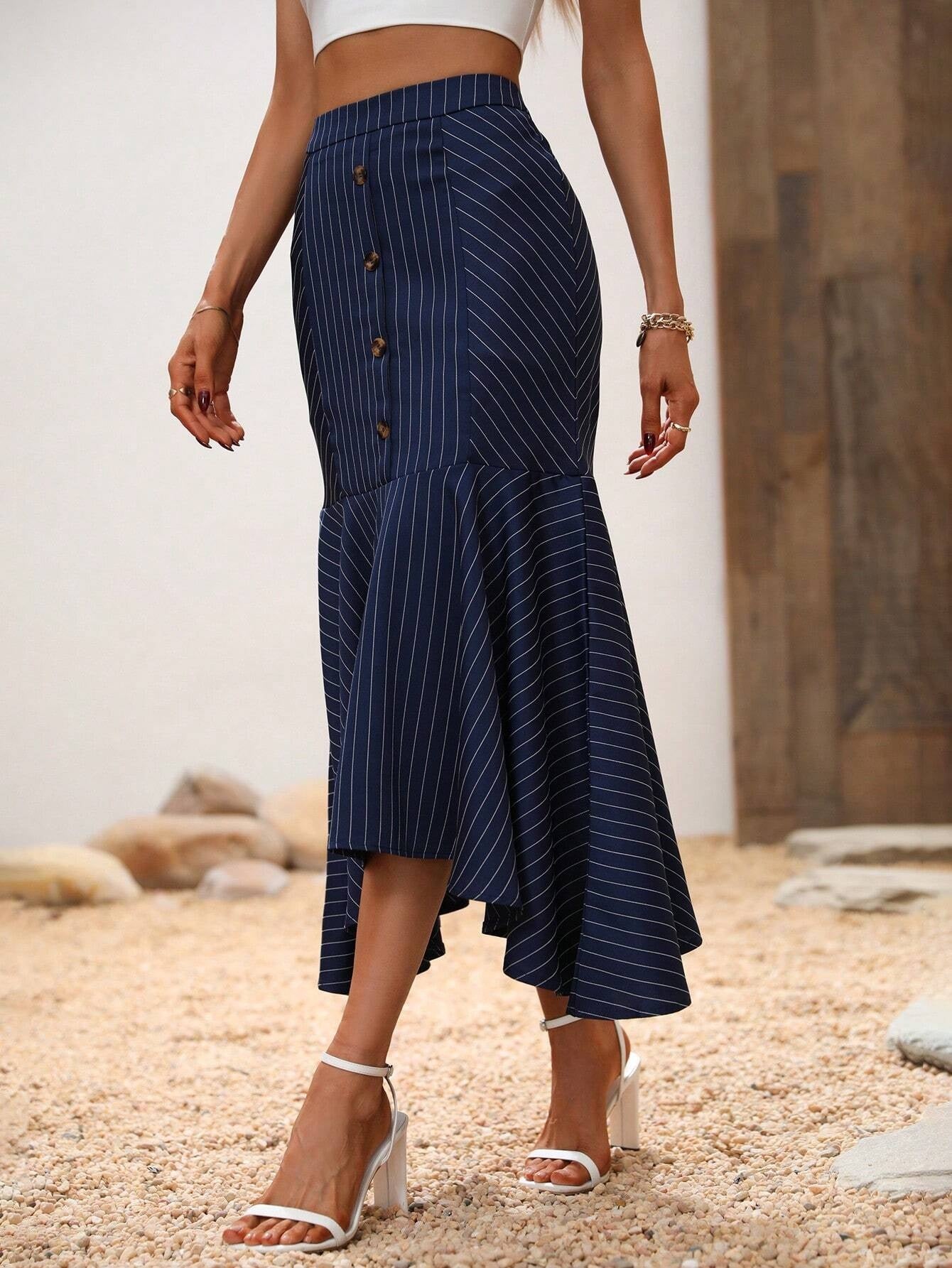 CM-BS656765 Women Casual Seoul Style Striped Print Button Front Mermaid Hem Skirt