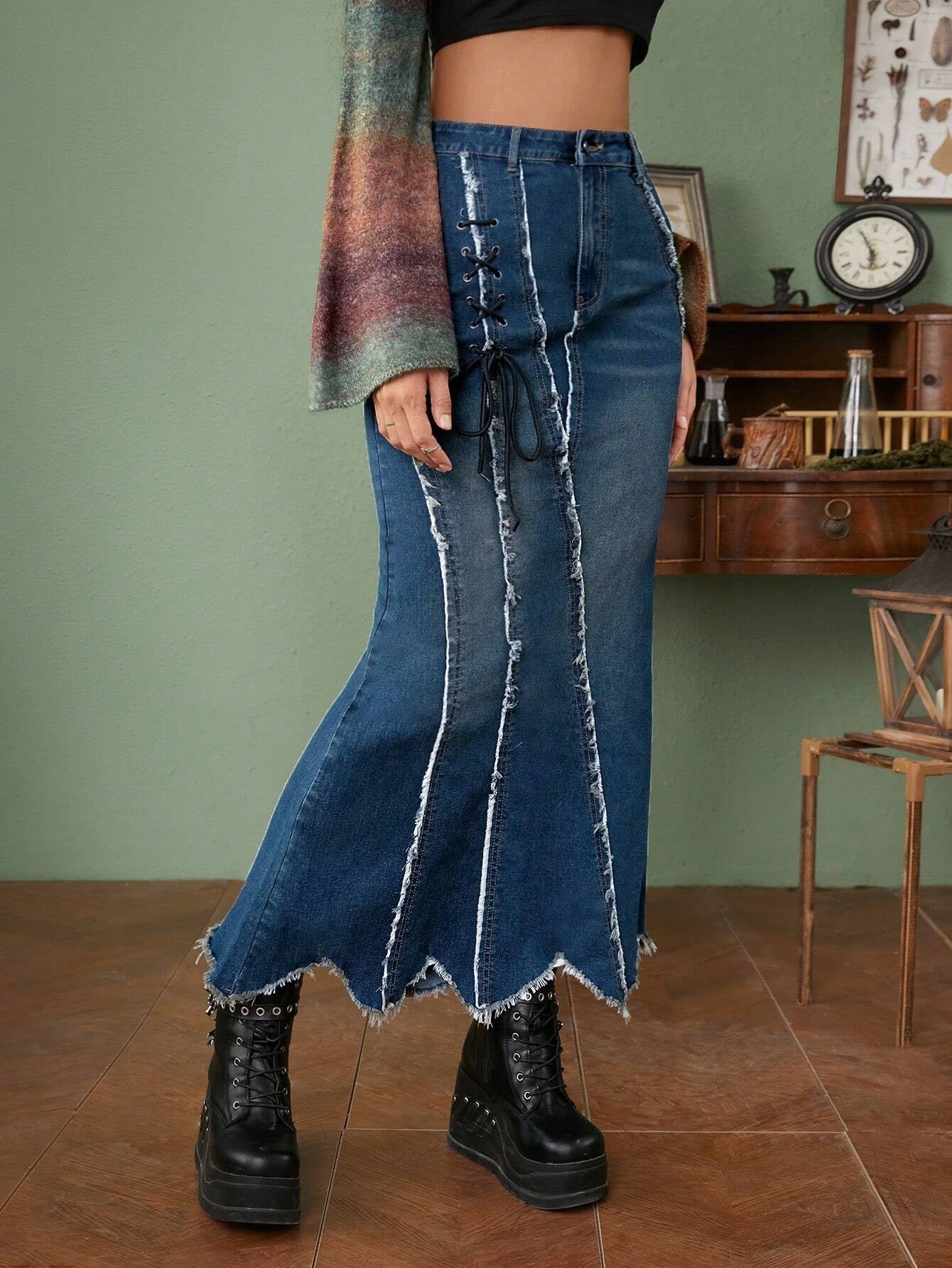 CM-BS239811 Women Preppy Seoul Style Lace Up Front Raw Trim Mermaid Hem Denim Skirt