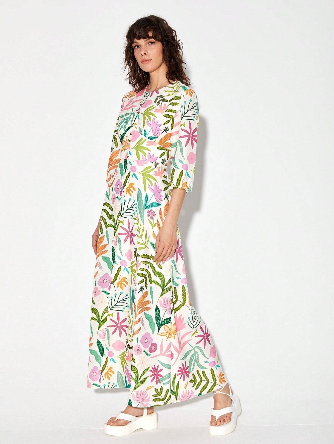 CM-DS117109 Women Trendy Bohemian Style Round Neck Floral Print A-Line Dress