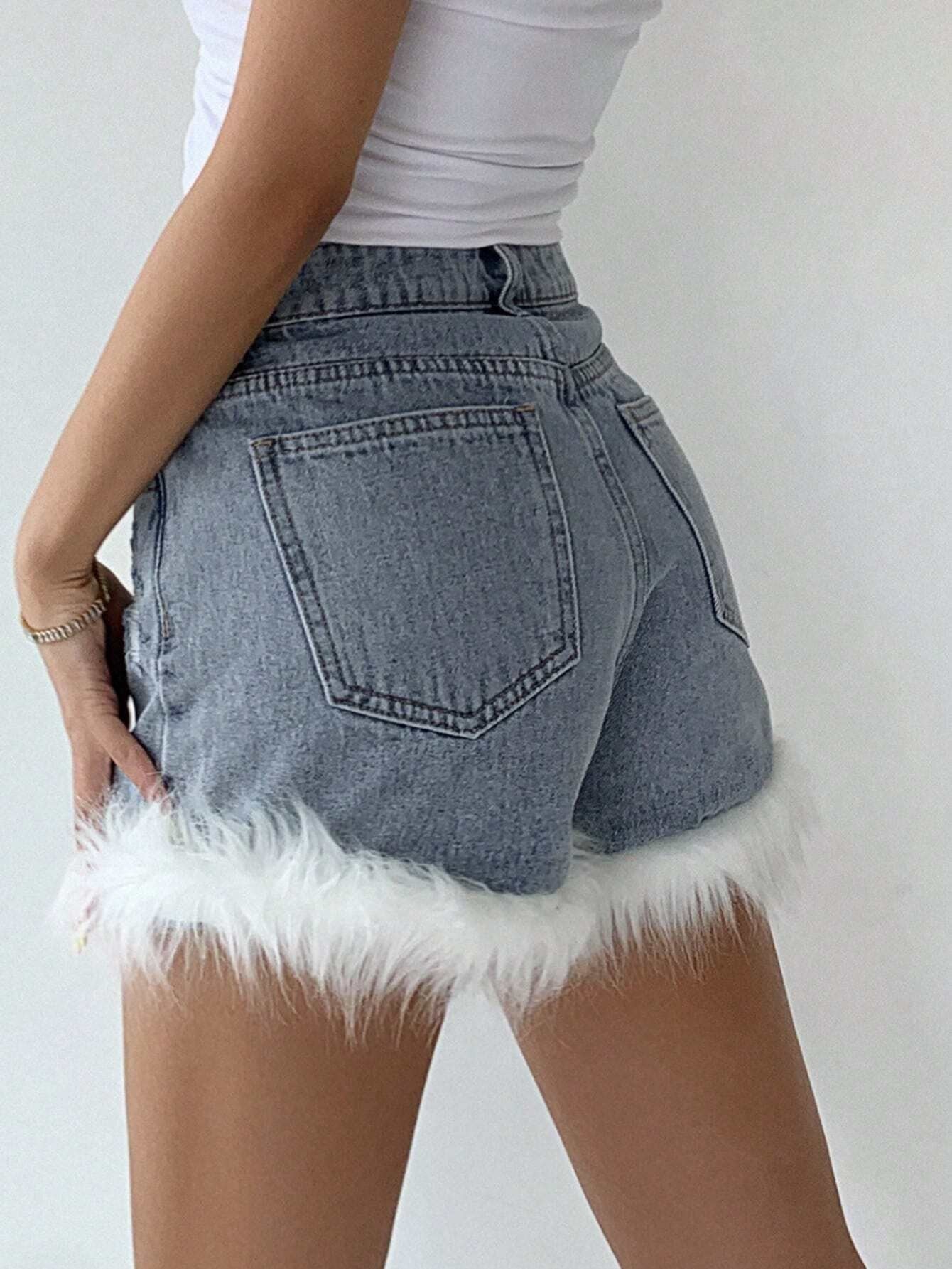 CM-BS741534 Women Casual Seoul Style High Waist Ripped Fuzzy Trim Denim Shorts
