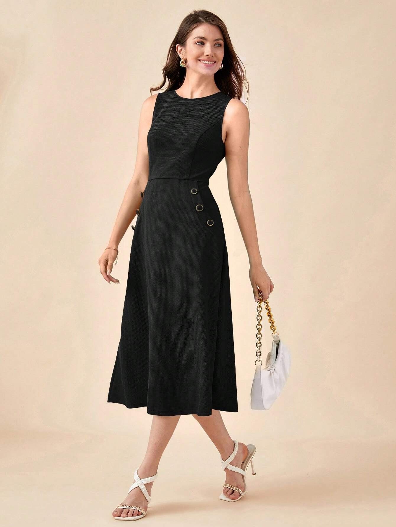 CM-DS648041 Women Elegant Seoul Style Sleeveless Solid Button Detail Dress - Black