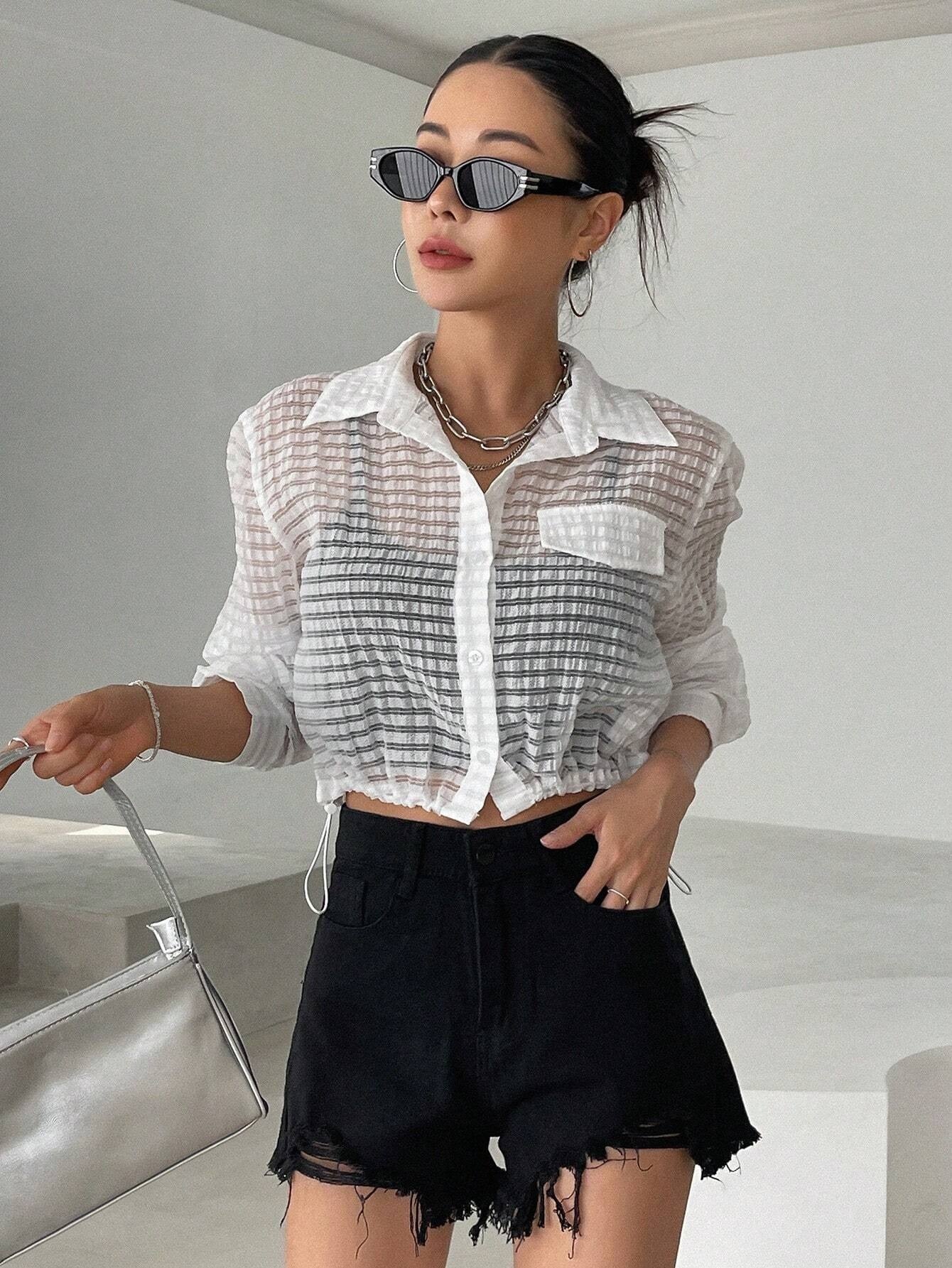 CM-TS107961 Women Casual Seoul Style Solid Button Front Crop Shirt - White