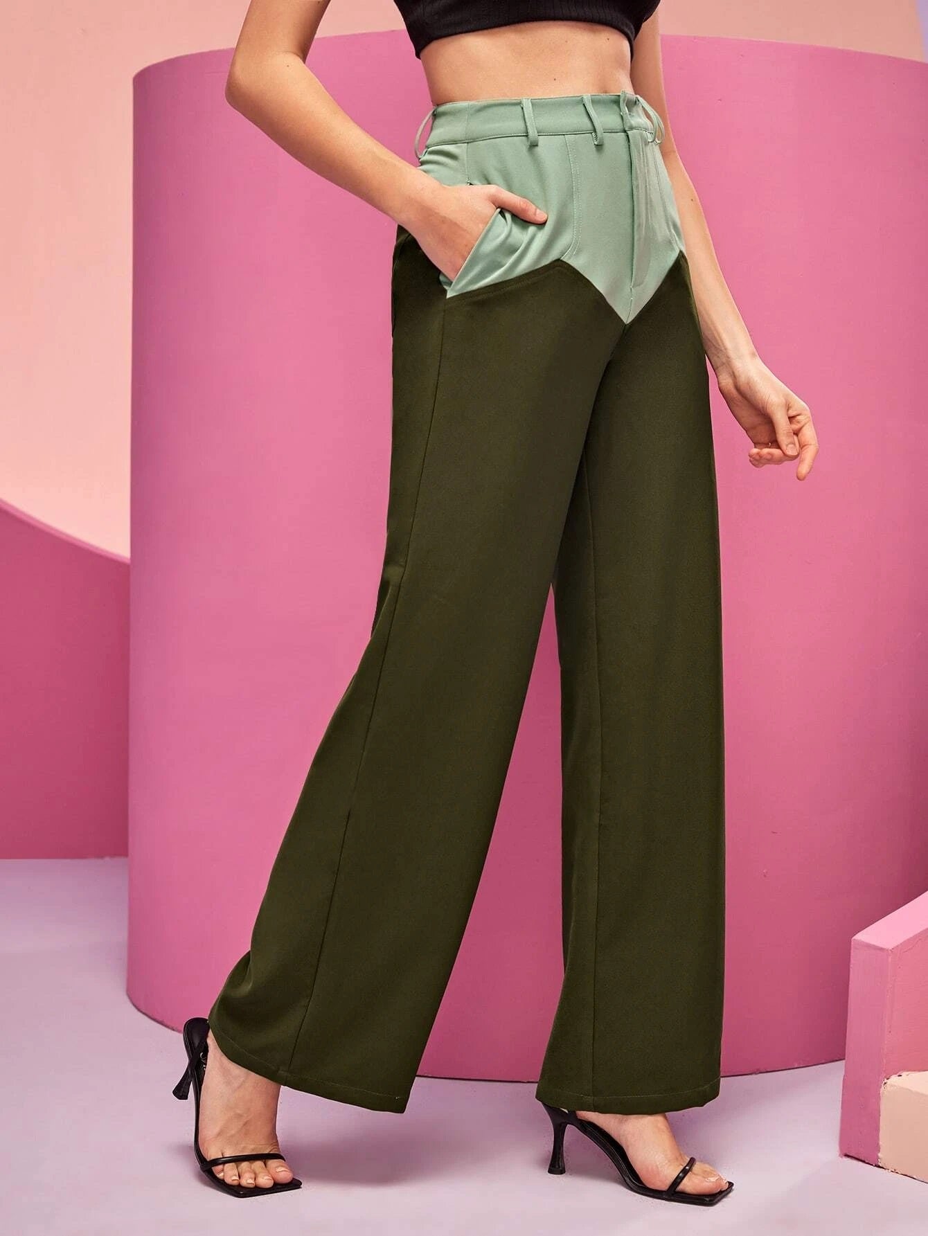 CM-BS044454 Women Elegant Seoul Style High Waist Color Block Wide Leg Pants - Army Green