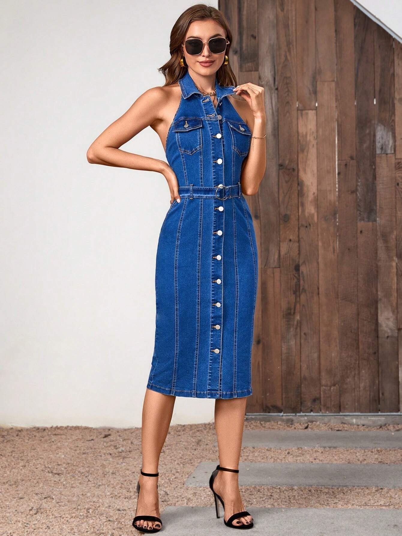 CM-DS713496 Women Casual Seoul Style Flap Pocket Button Front Belted Denim Dress