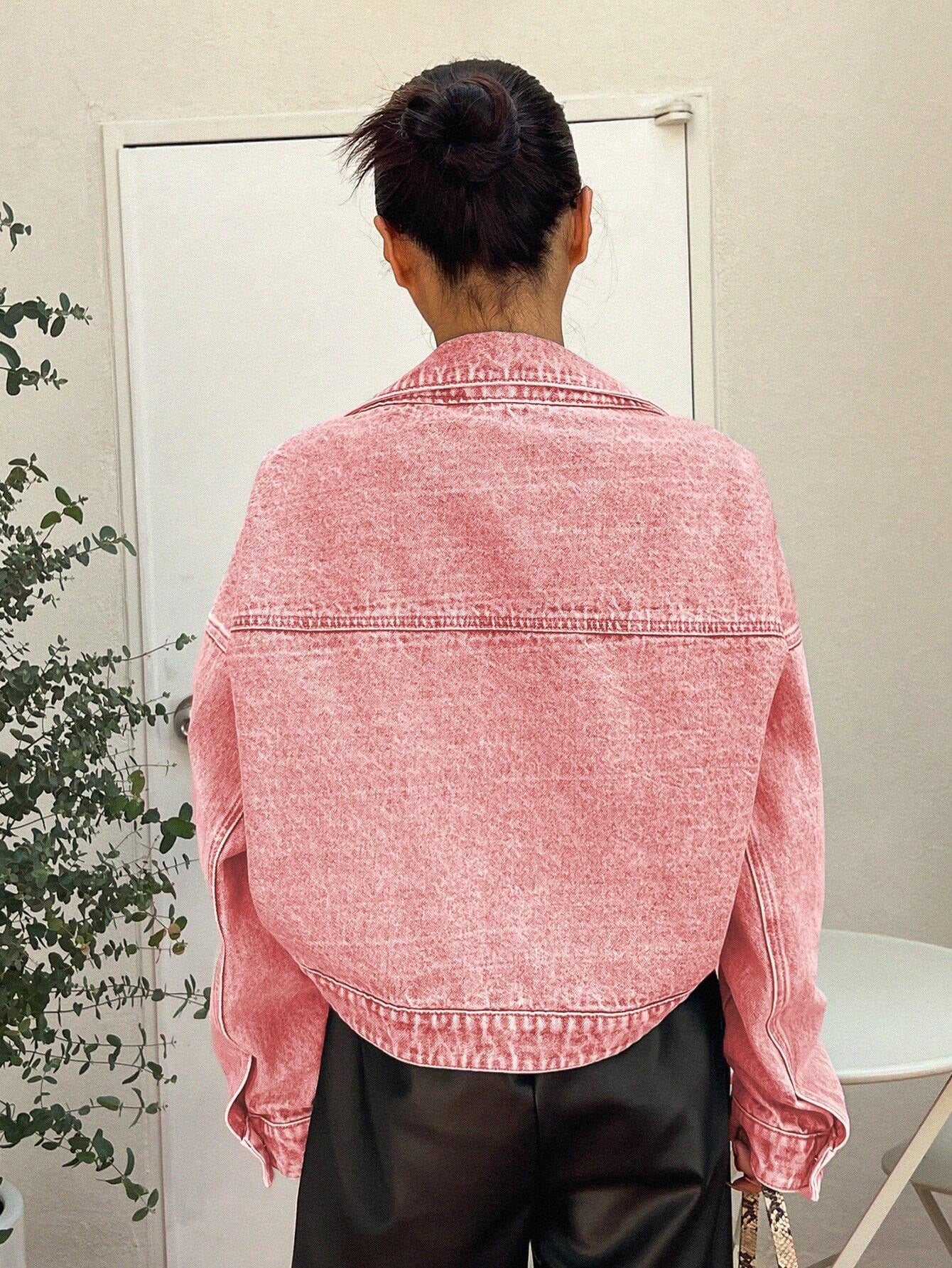 CM-CS189608 Women Preppy Seoul Style Drop Shoulder Asymmetrical Hem Denim Jacket - Pink