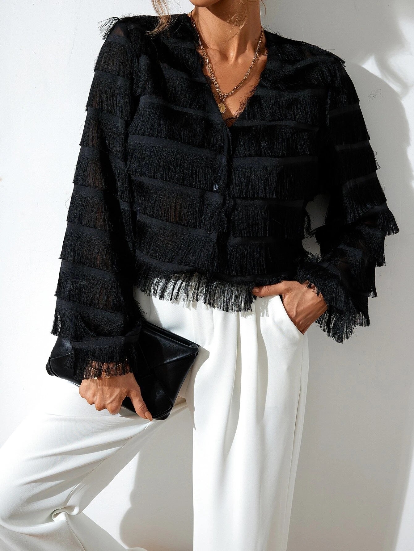 CM-TS384825 Women Elegant Seoul Style Fringe Trim Button Front Crop Blouse - Black