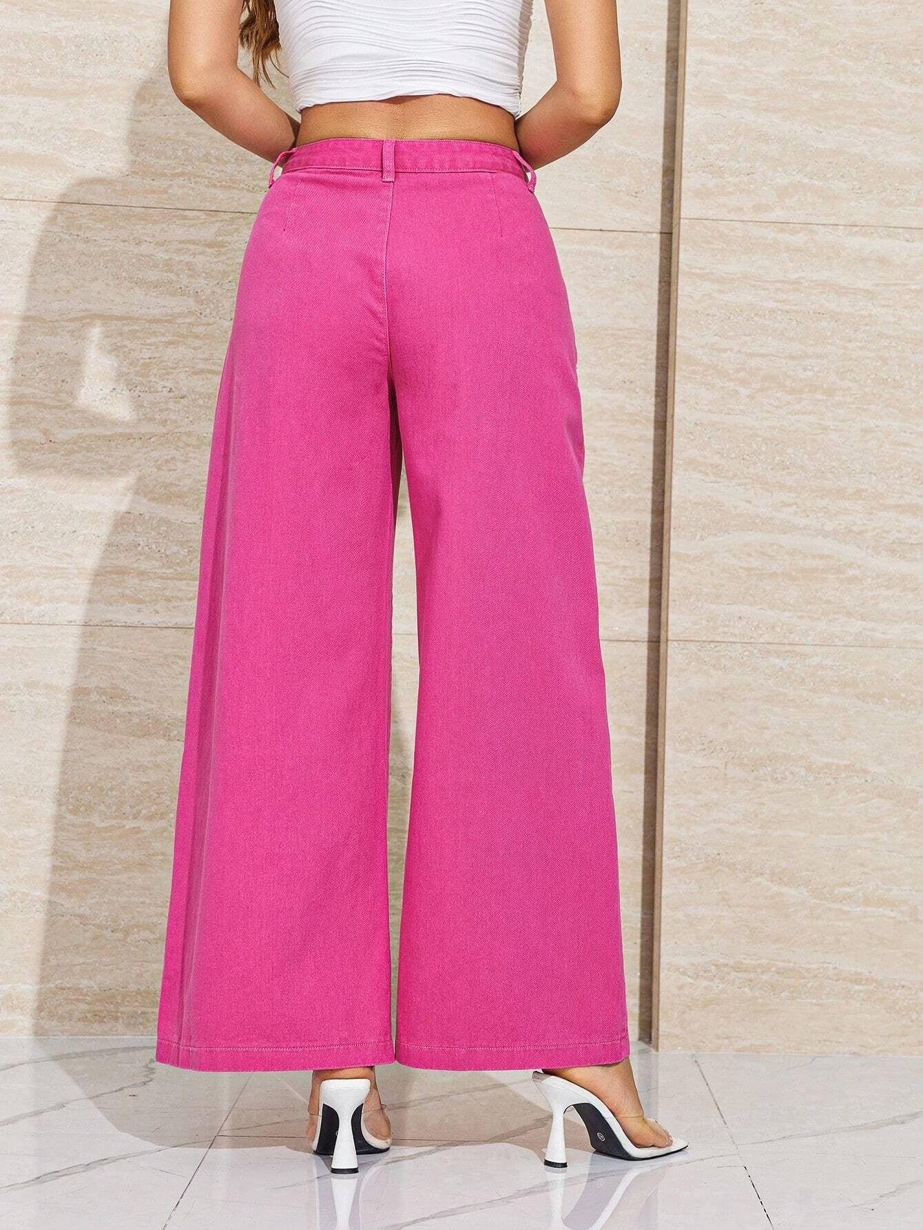 CM-BS640375 Women Casual Seoul Style High Waist Solid Wide Leg Jeans - Pink