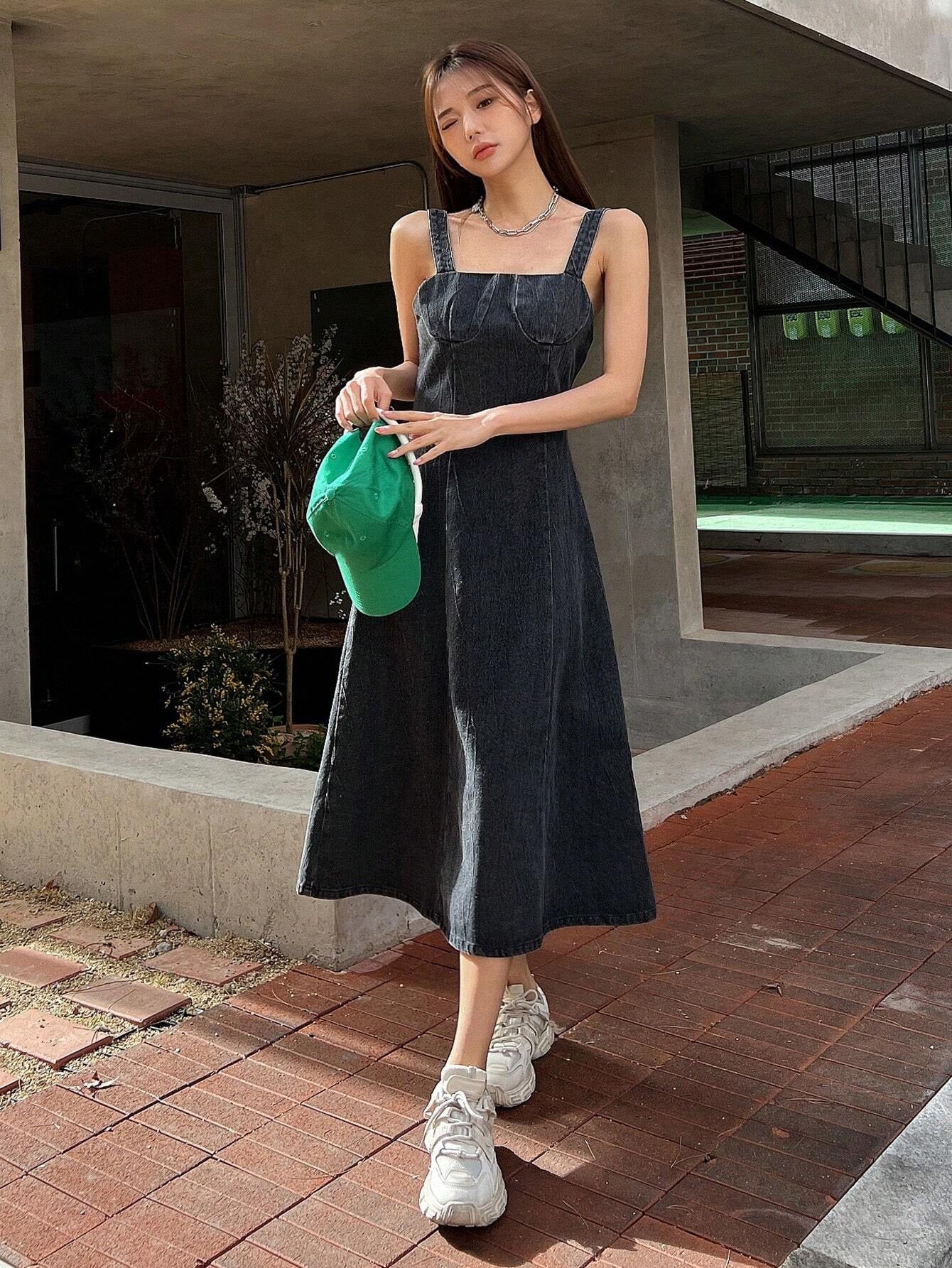 CM-DS195132 Women Casual Seoul Style Solid Zip Back Cami Denim Dress - Dark Gray