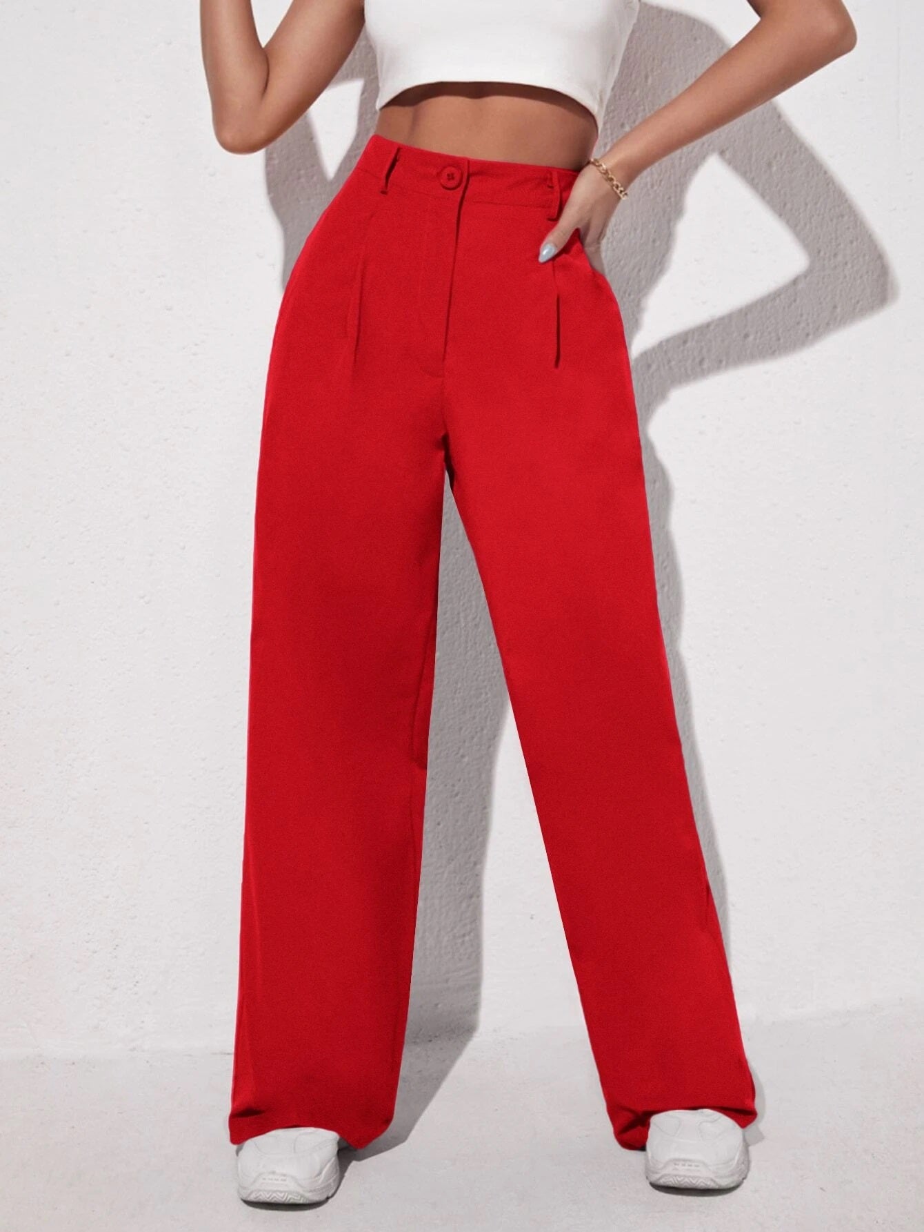 CM-BS245342 Women Elegant Seoul Style Solid Slant Pocket Wide Leg Pants - Red