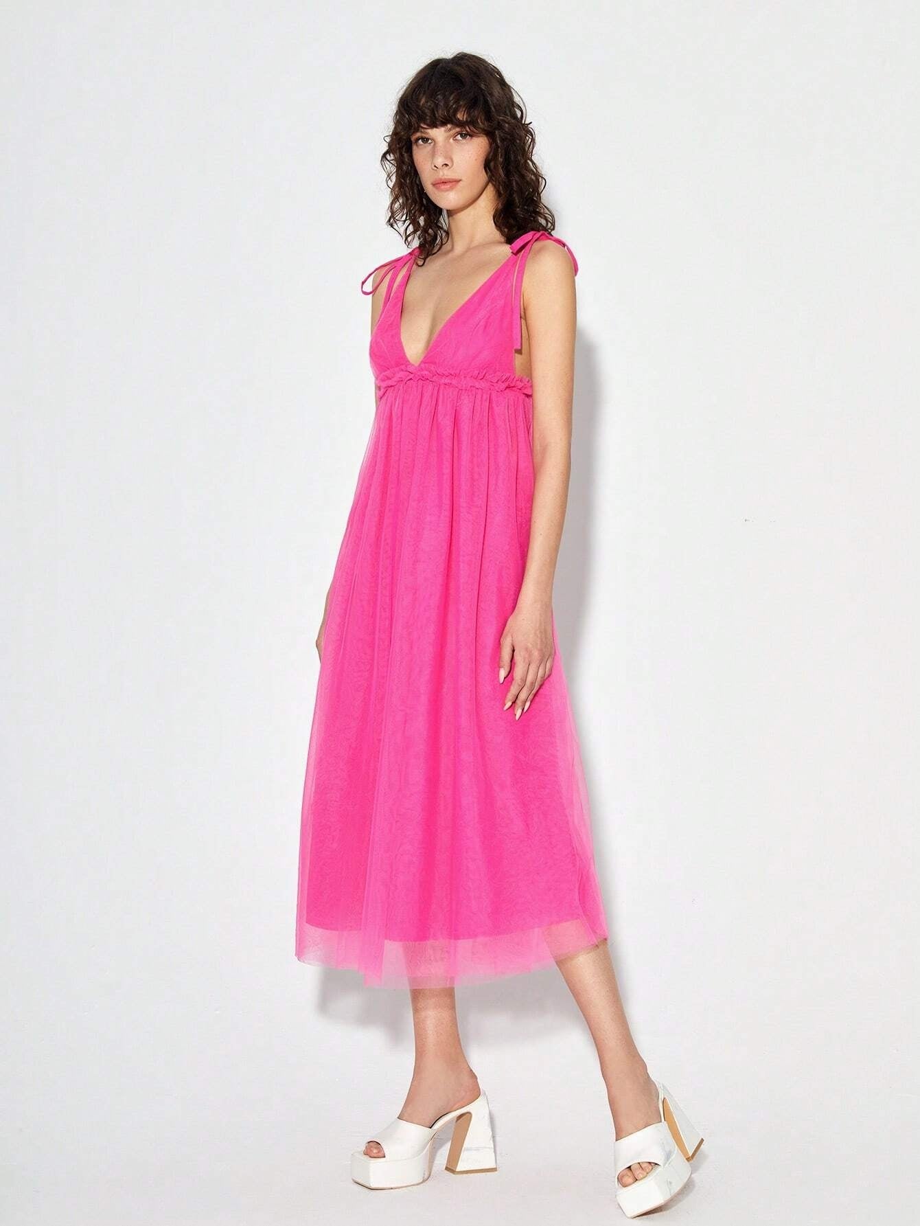CM-DS397137 Women Elegant Seoul Style Tie Shoulder Ruched Bust Mesh Overlay Cami Dress
