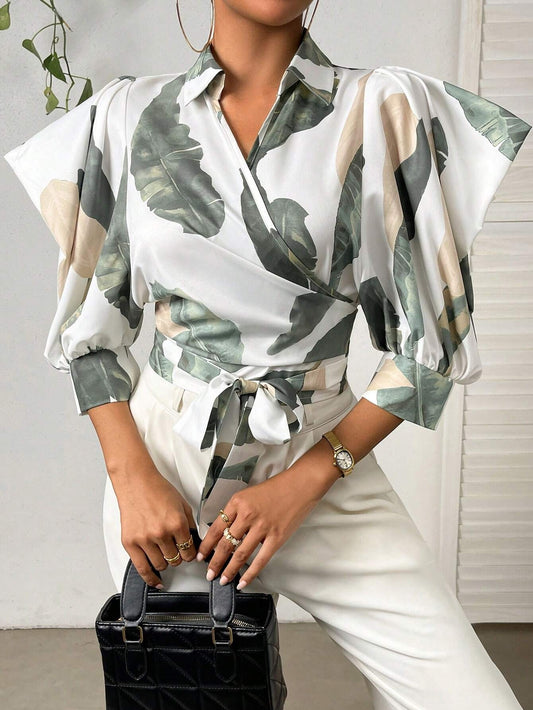CM-TS885505 Women Casual Seoul Style Tropical Print Knot Side Wrap Detail Blouse - White