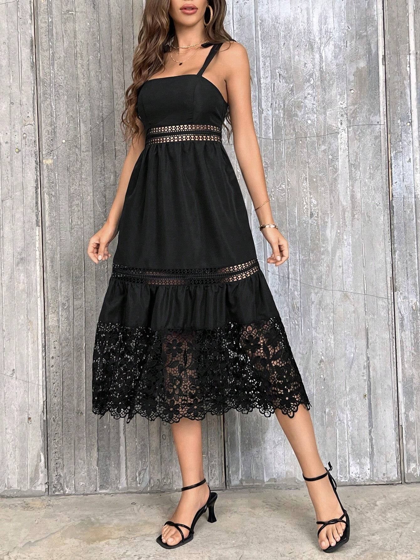 CM-DS276337 Women Trendy Bohemian Style Guipure Lace Insert Tie Shoulder Ruffle Hem Cami Dress