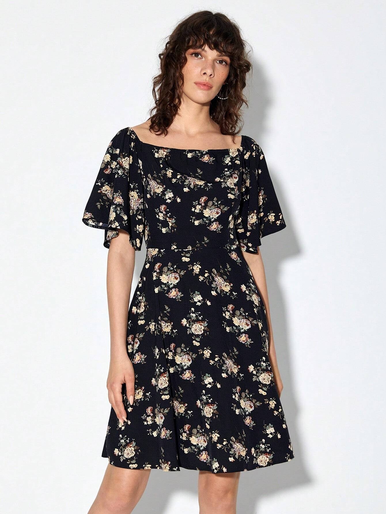 CM-DS208284 Women Casual Seoul Style Floral Print Square Neck Butterfly Sleeve Dress