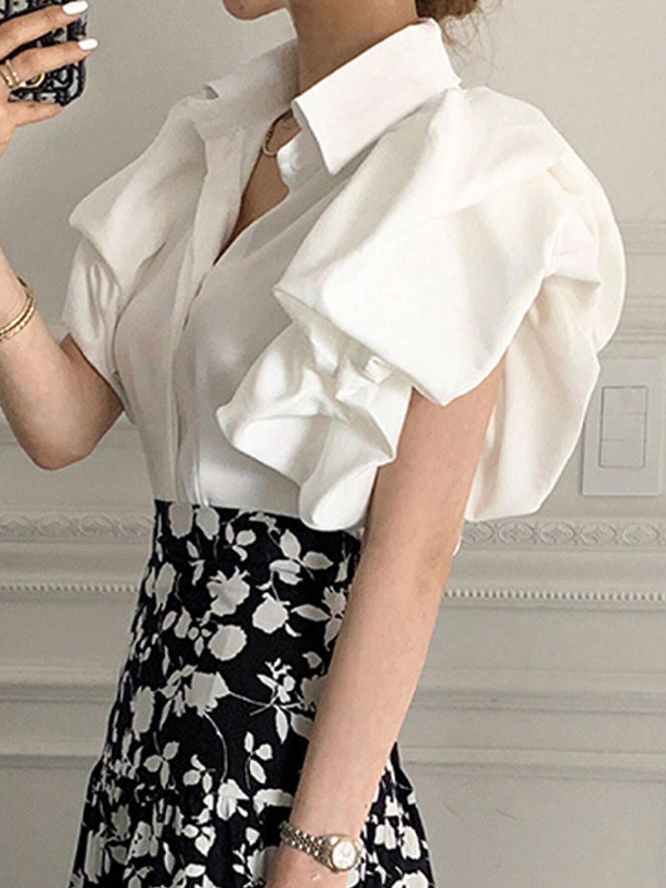 CM-TS446417 Women Elegant Seoul Style Solid Button Front Exaggerated Sleeve Shirt - White