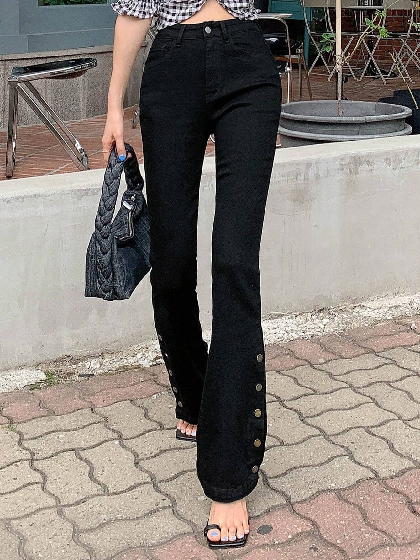 CM-BS904004 Women Casual Seoul Style Solid Button Detail Flare Leg Jeans - Black