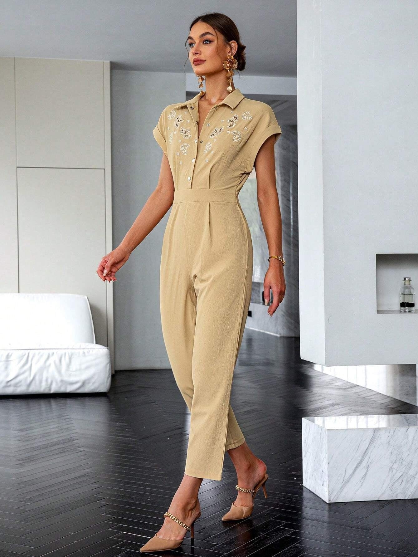 CM-JS811510 Women Elegant Seoul Style Floral Embroidery Batwing Sleeve Fold Pleated Shirt Jumpsuit