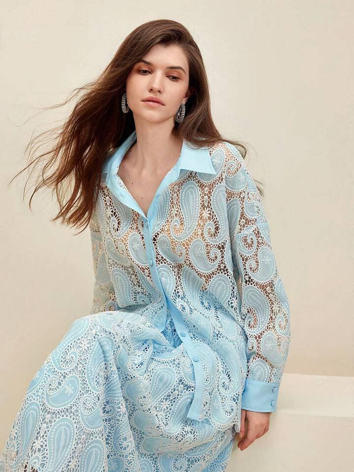 CM-TS864141 Women Elegant Seoul Style Oversized Hollow Out Paisley Embroidery Shirt - Baby Blue