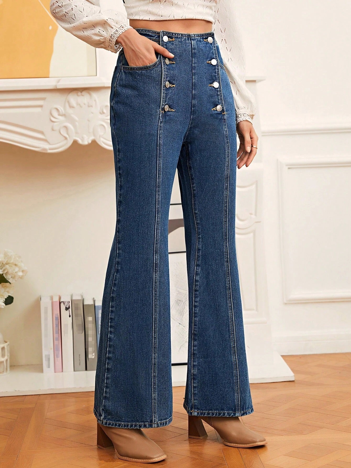 CM-BS341700 Women Casual Seoul Style Dark Wash High Waist Double Breasted Flare Leg Jeans