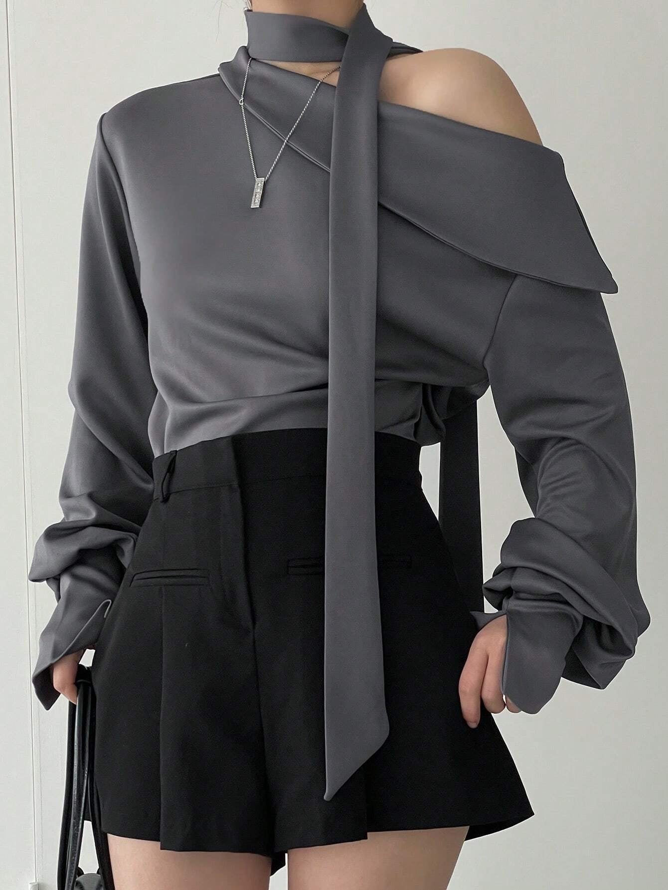 CM-TS926000 Women Casual Seoul Style Solid Asymmetrical Neck Drop Shoulder Blouse With Tie