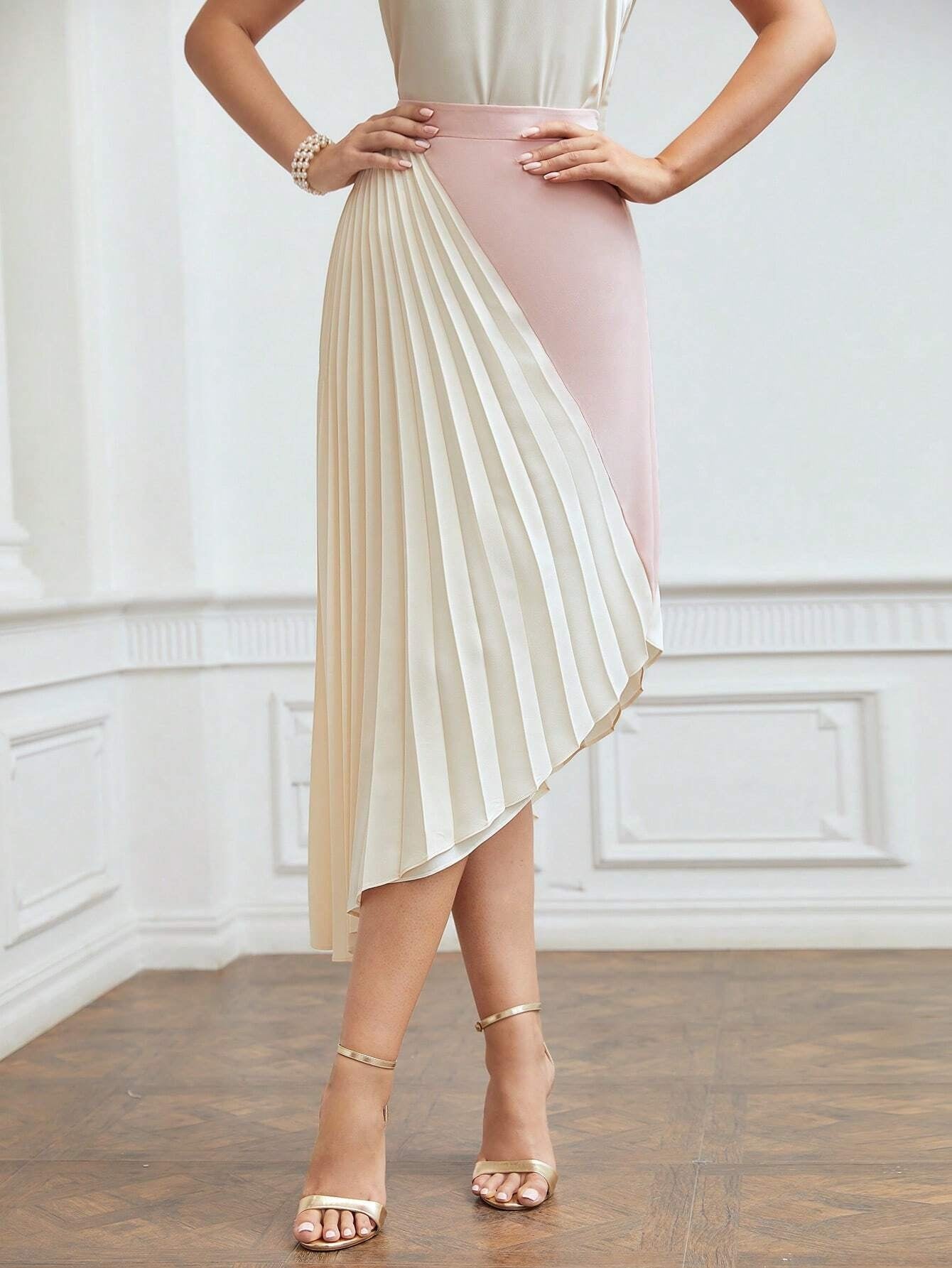 CM-BS253429 Women Elegant Seoul Style Pleated Asymmetrical Two-Tone Midi Skirt
