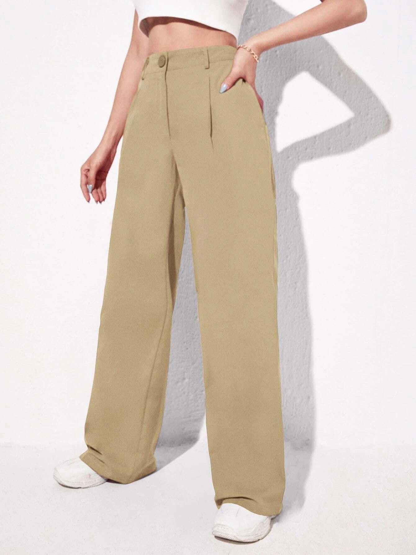 CM-BS742260 Women Elegant Seoul Style Solid Slant Pocket Wide Leg Pants - Camel