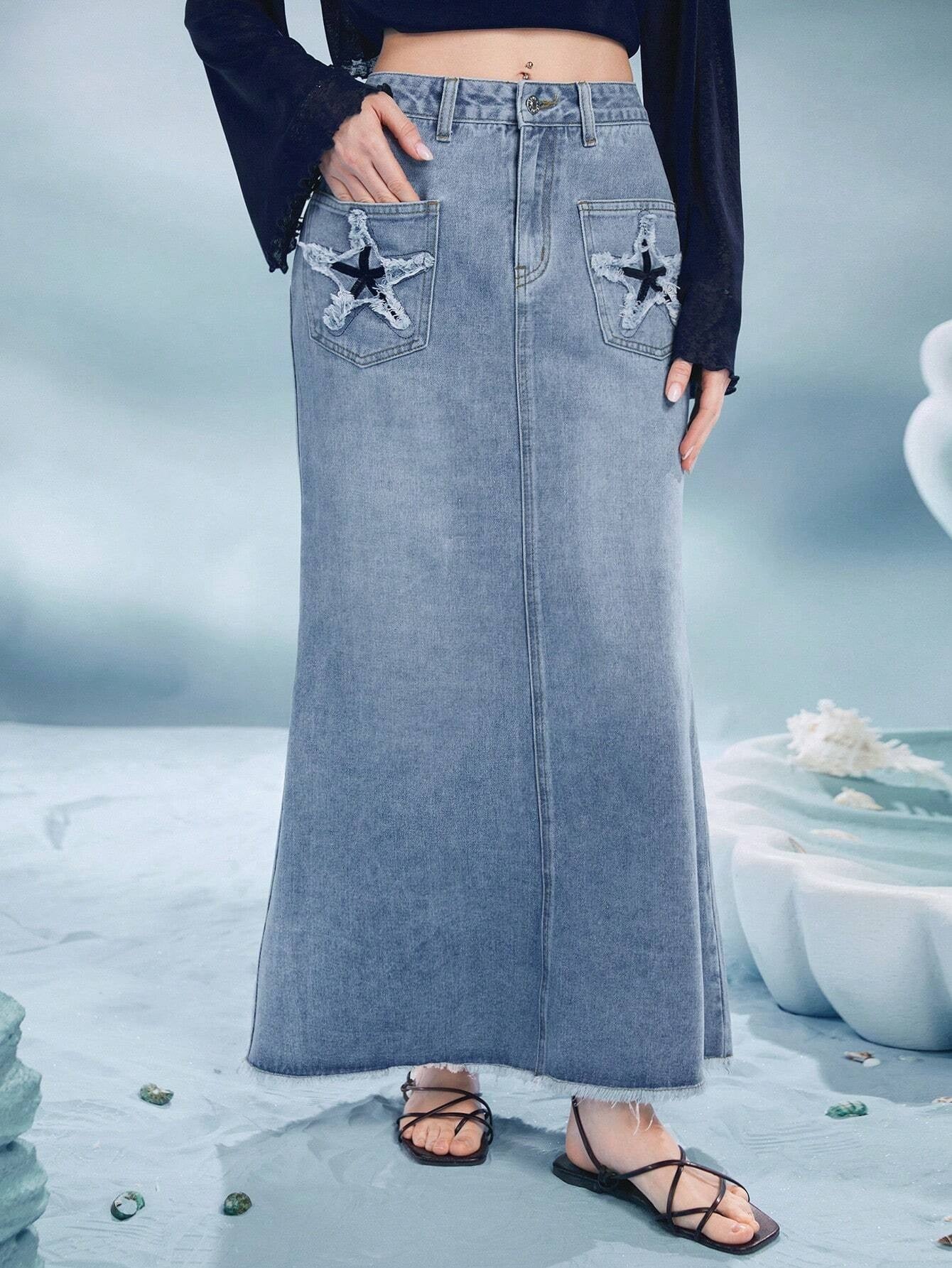 CM-BS422566 Women Casual Seoul Style Light Wash Star Print Raw Hem Denim Skirt