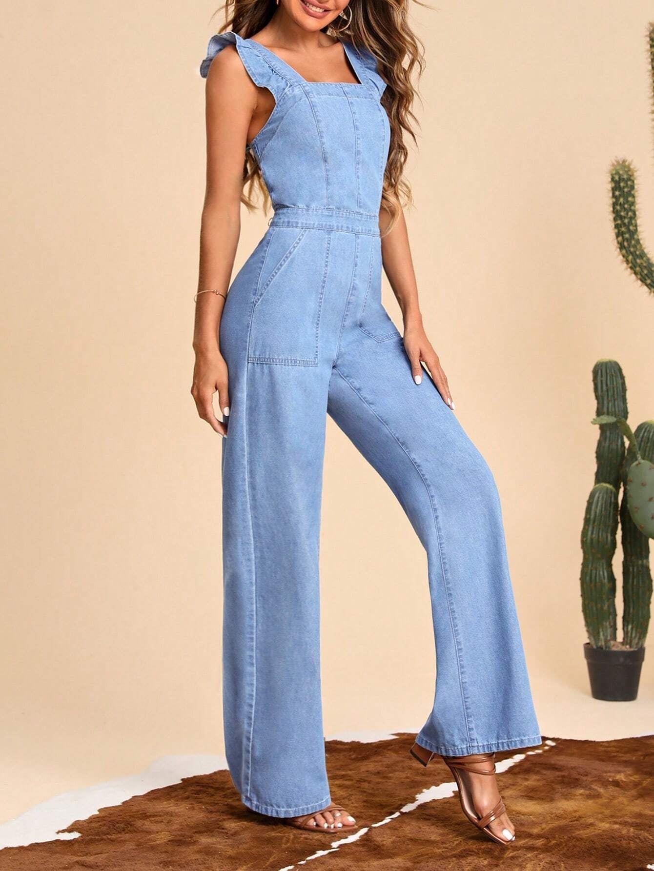 CM-JS626863 Women Preppy Seoul Style Light Wash Ruffle Trim Wide Leg Denim Jumpsuit