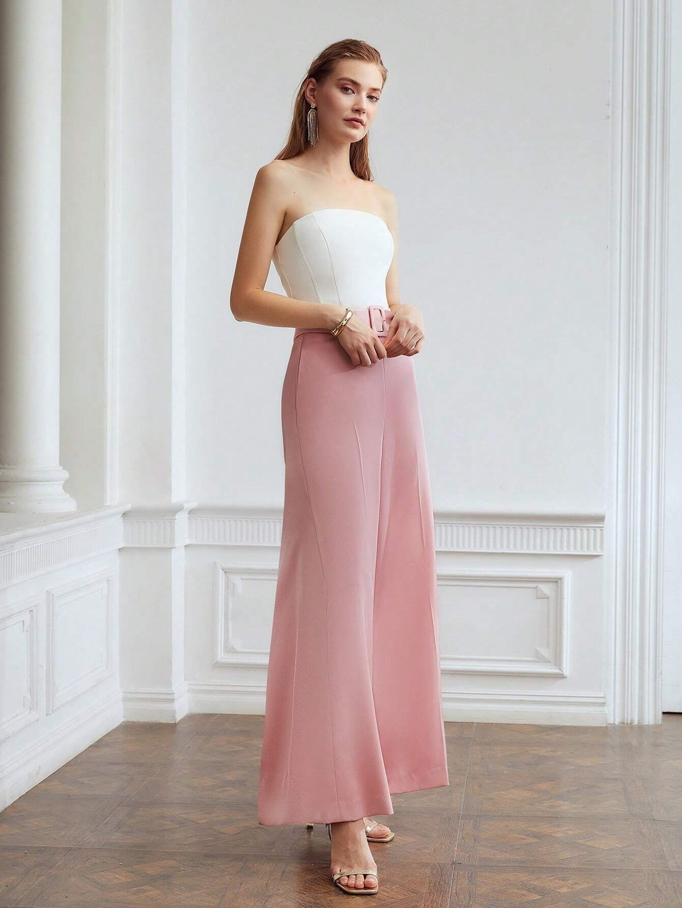 CM-BS663354 Women Elegant Seoul Style Loose Belted Wide Leg Pants - Dusty Pink