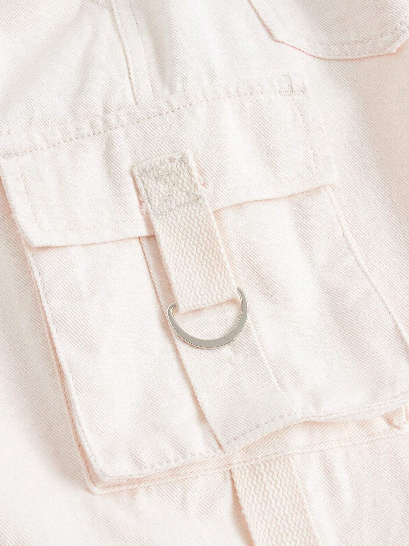CM-BS280160 Women Preppy Seoul Style High Waist Flap Pocket Side Cargo Jeans - Beige