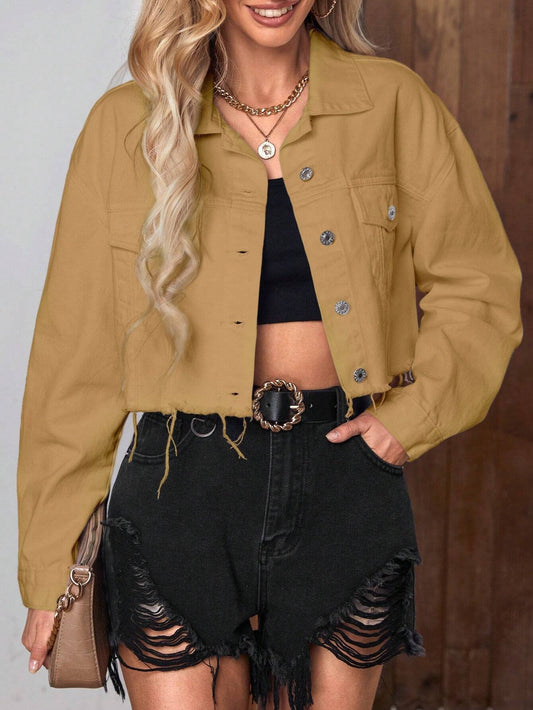 CM-CS779700 Women Casual Seoul Style Flap Pocket Raw Hem Denim Jacket - Brown