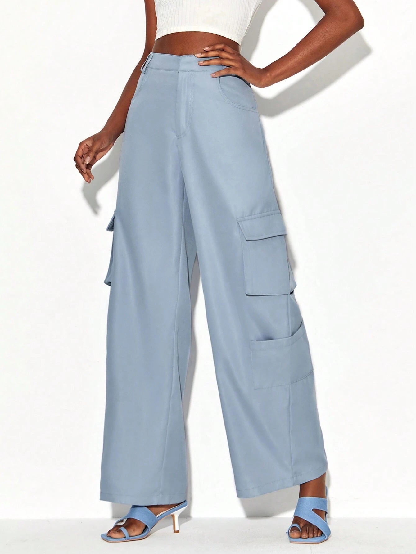 CM-BS475371 Women Elegant Seoul Style Flap Pocket Side Cargo Pants - Baby Blue