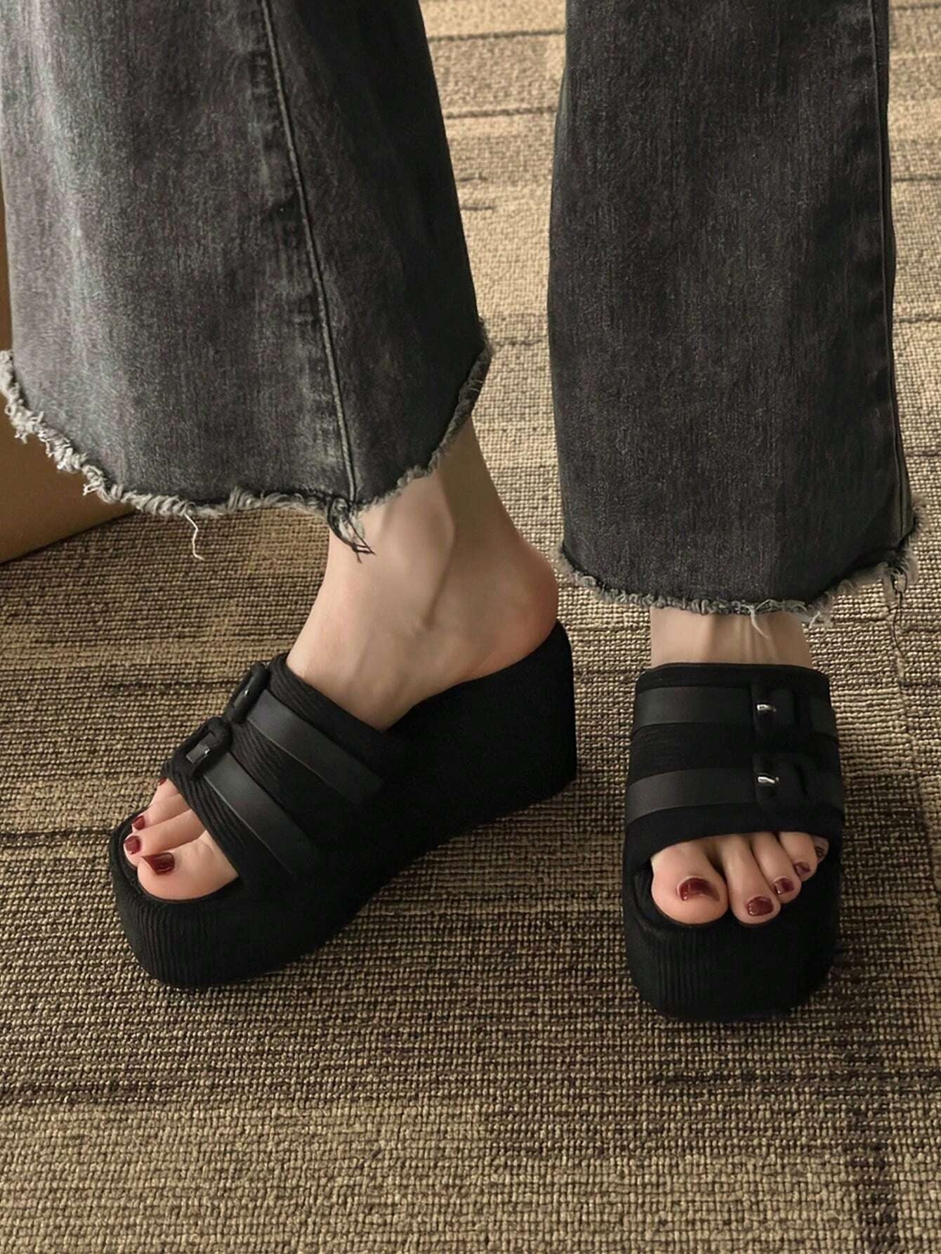CM-SHS084308 Women Trendy Seoul Style Buckle Decor Faux Suede Wedge Slide Sandals - Black